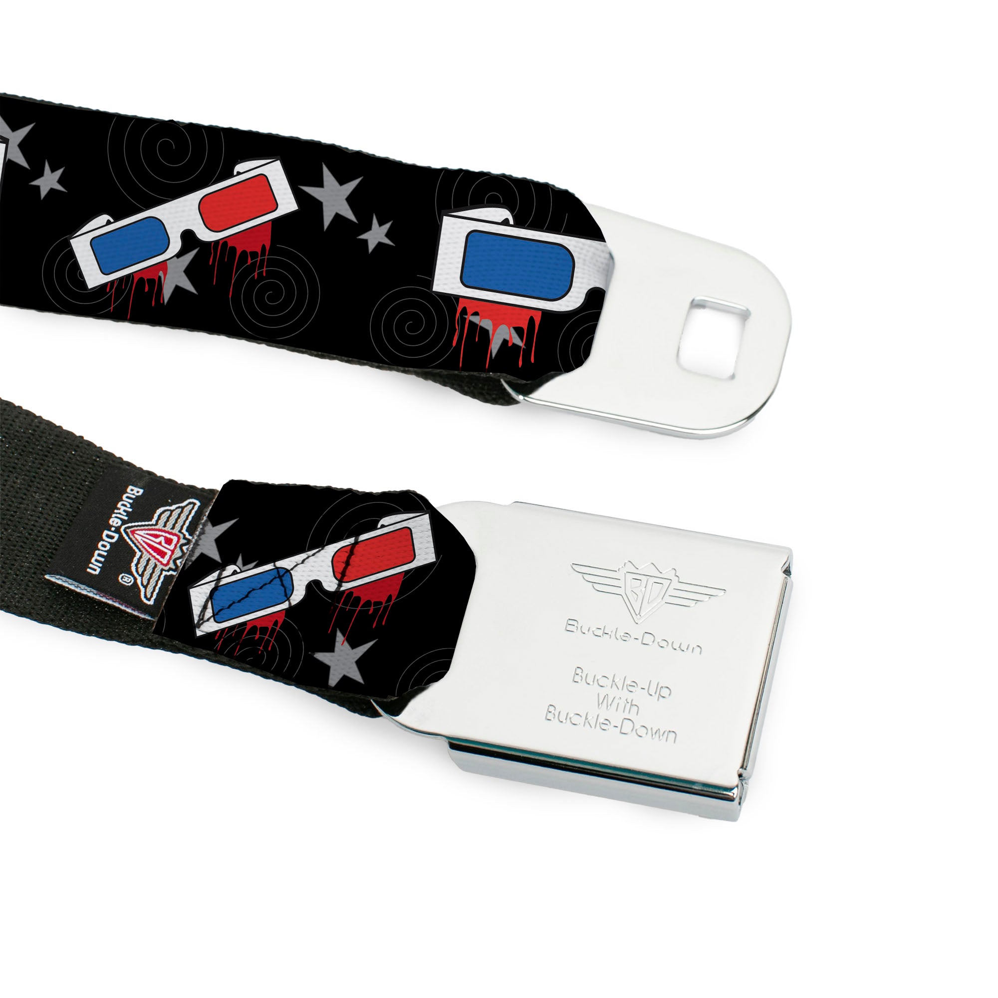 BD Wings Logo CLOSE-UP Full Color Black Silver Seatbelt Belt - 3-D Glasses Dripping w/Stars Webbing Seatbelt Belts Buckle-Down