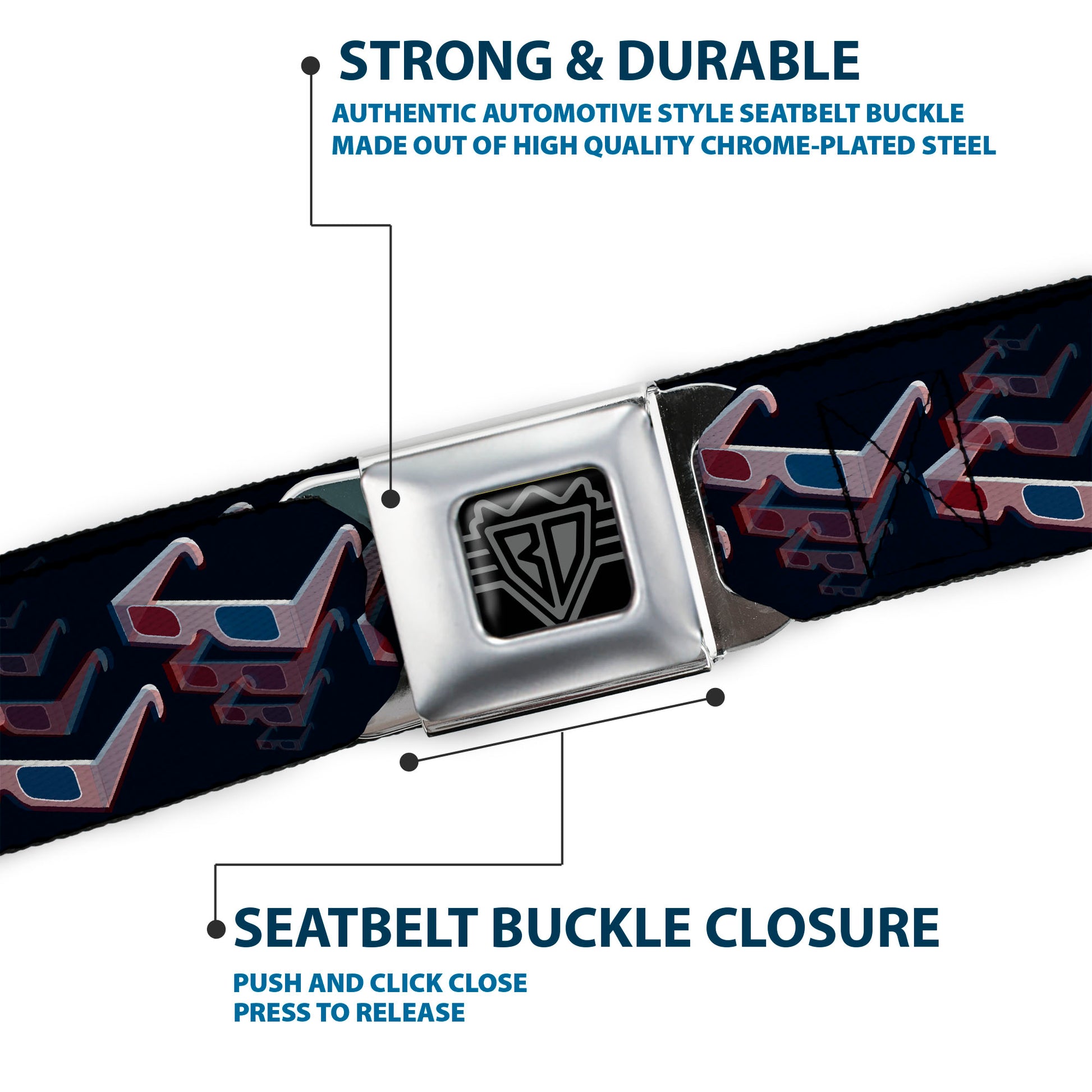 BD Wings Logo CLOSE-UP Full Color Black Silver Seatbelt Belt - 3-D Glasses Black Webbing Seatbelt Belts Buckle-Down