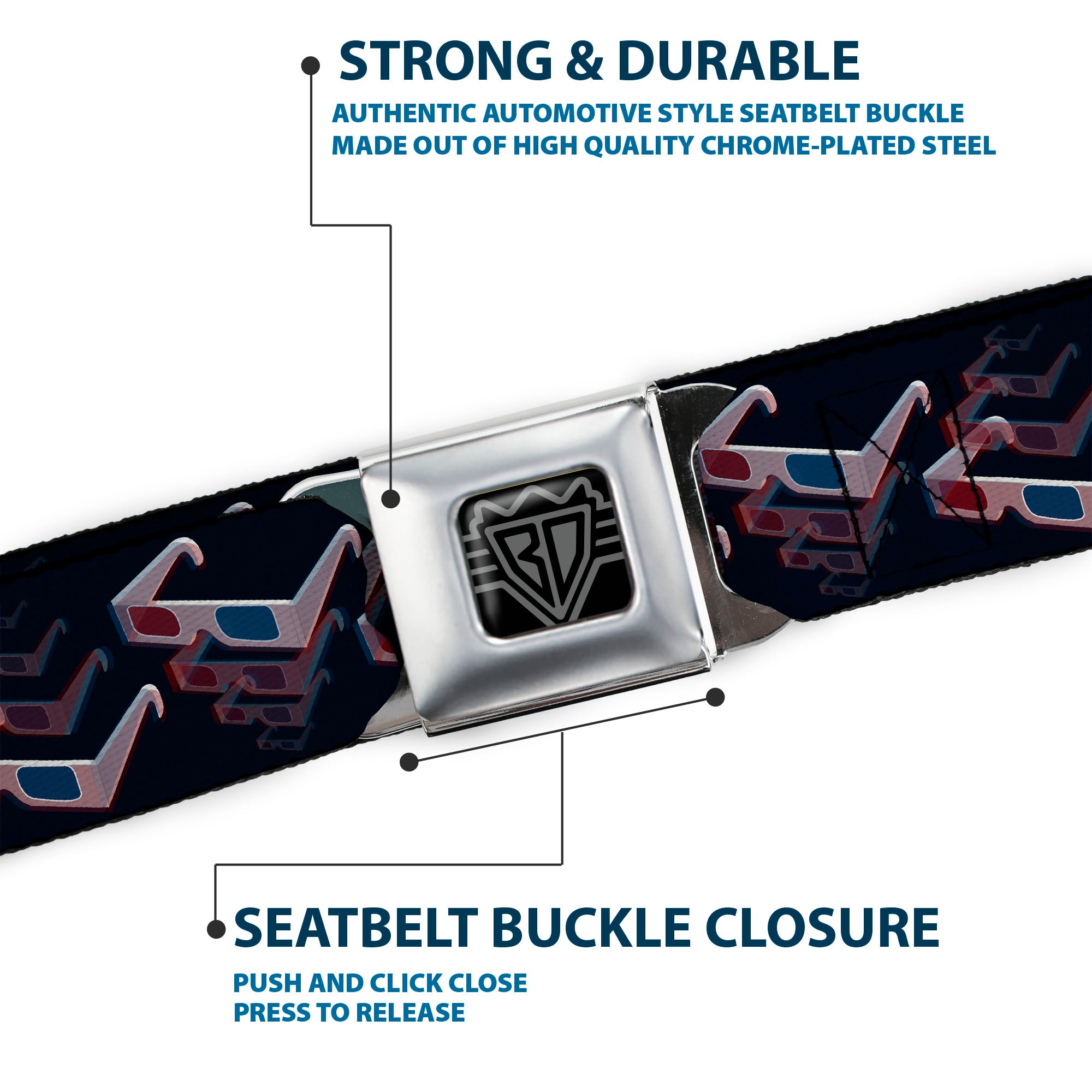 BD Wings Logo CLOSE-UP Full Color Black Silver Seatbelt Belt - 3-D Glasses Black Webbing Seatbelt Belts Buckle-Down