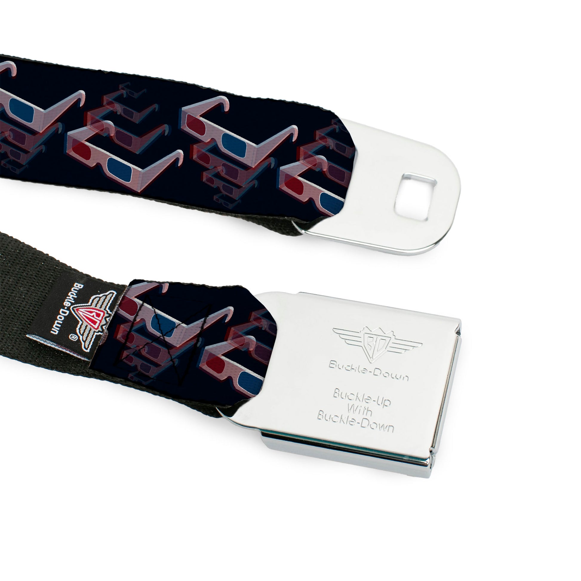 BD Wings Logo CLOSE-UP Full Color Black Silver Seatbelt Belt - 3-D Glasses Black Webbing Seatbelt Belts Buckle-Down