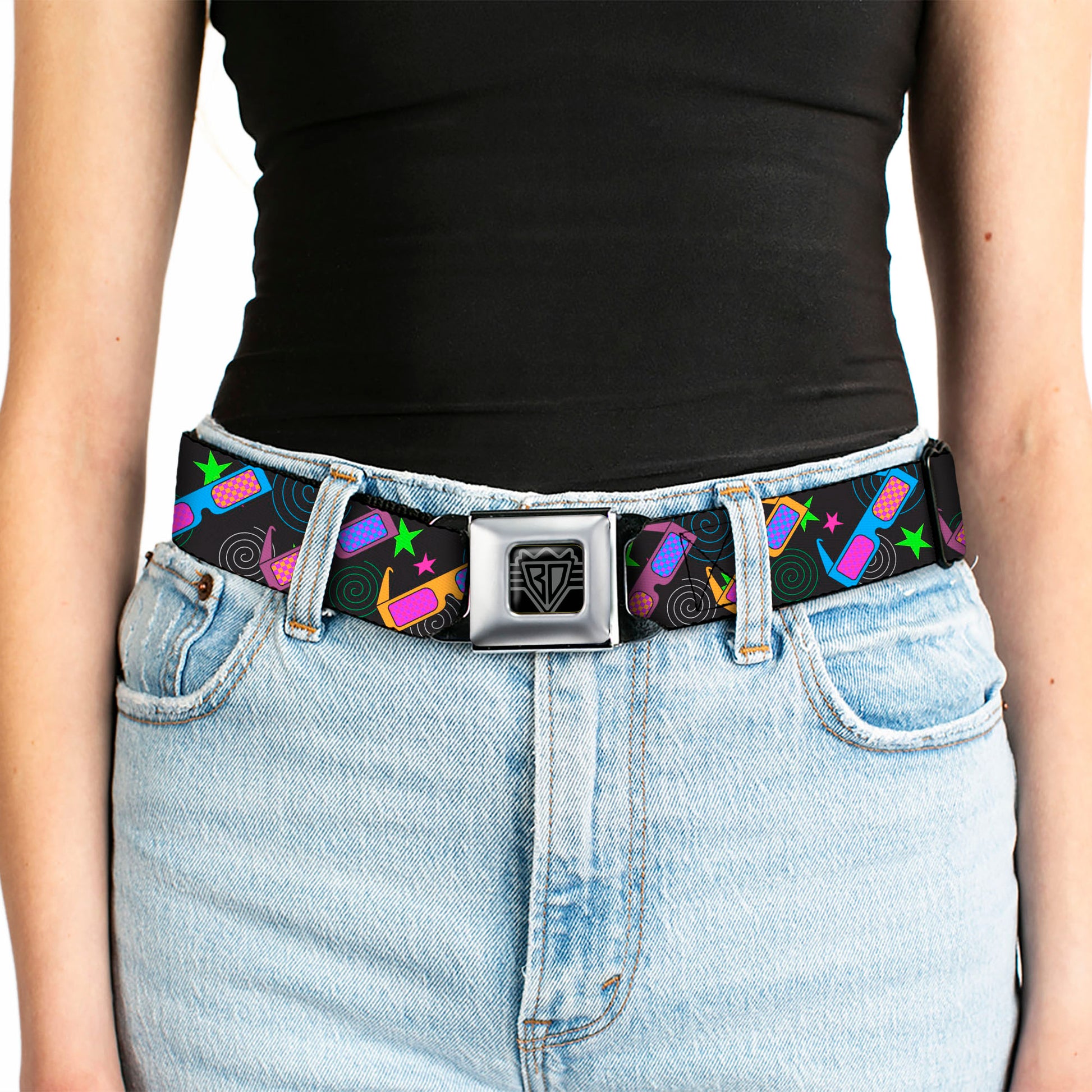 BD Wings Logo CLOSE-UP Full Color Black Silver Seatbelt Belt - 3-D Glasses w/Stars Multi Color Webbing Seatbelt Belts Buckle-Down