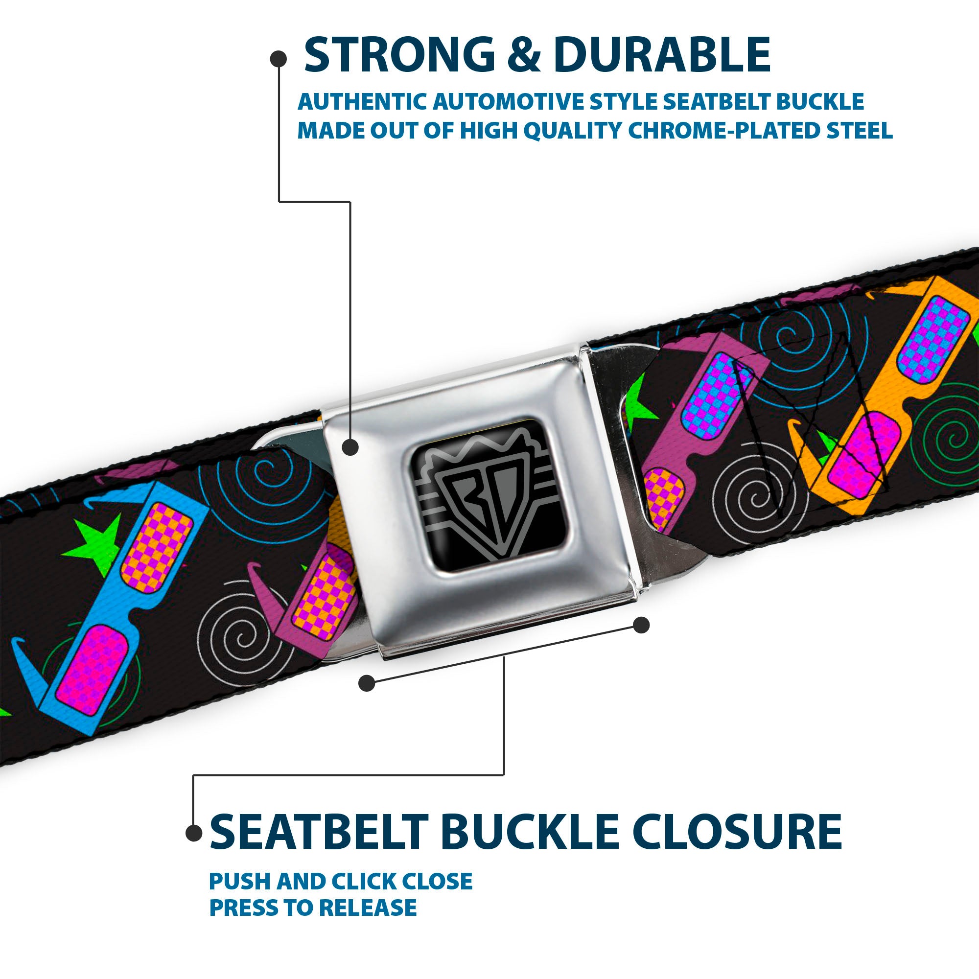 BD Wings Logo CLOSE-UP Full Color Black Silver Seatbelt Belt - 3-D Glasses w/Stars Multi Color Webbing Seatbelt Belts Buckle-Down