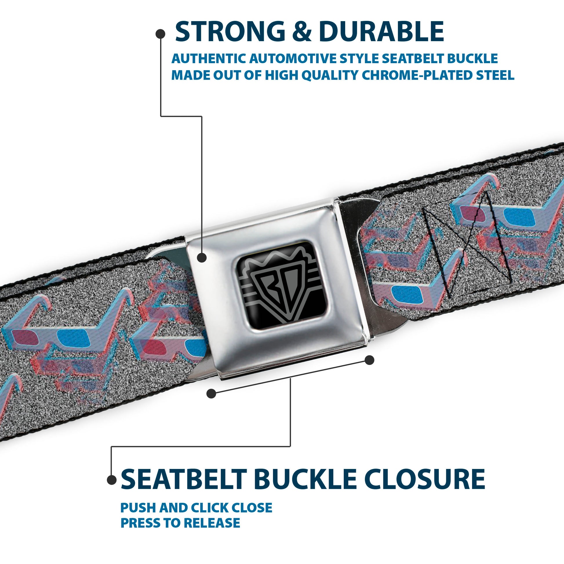 BD Wings Logo CLOSE-UP Full Color Black Silver Seatbelt Belt - 3-D Glasses w/TV Noise Webbing Seatbelt Belts Buckle-Down