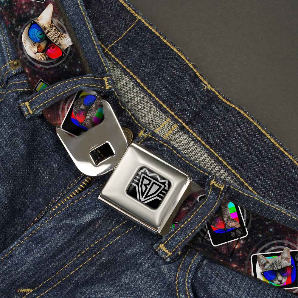 BD Wings Logo CLOSE-UP Full Color Black Silver Seatbelt Belt - 3-D TV Cats in Space Webbing Seatbelt Belts Buckle-Down