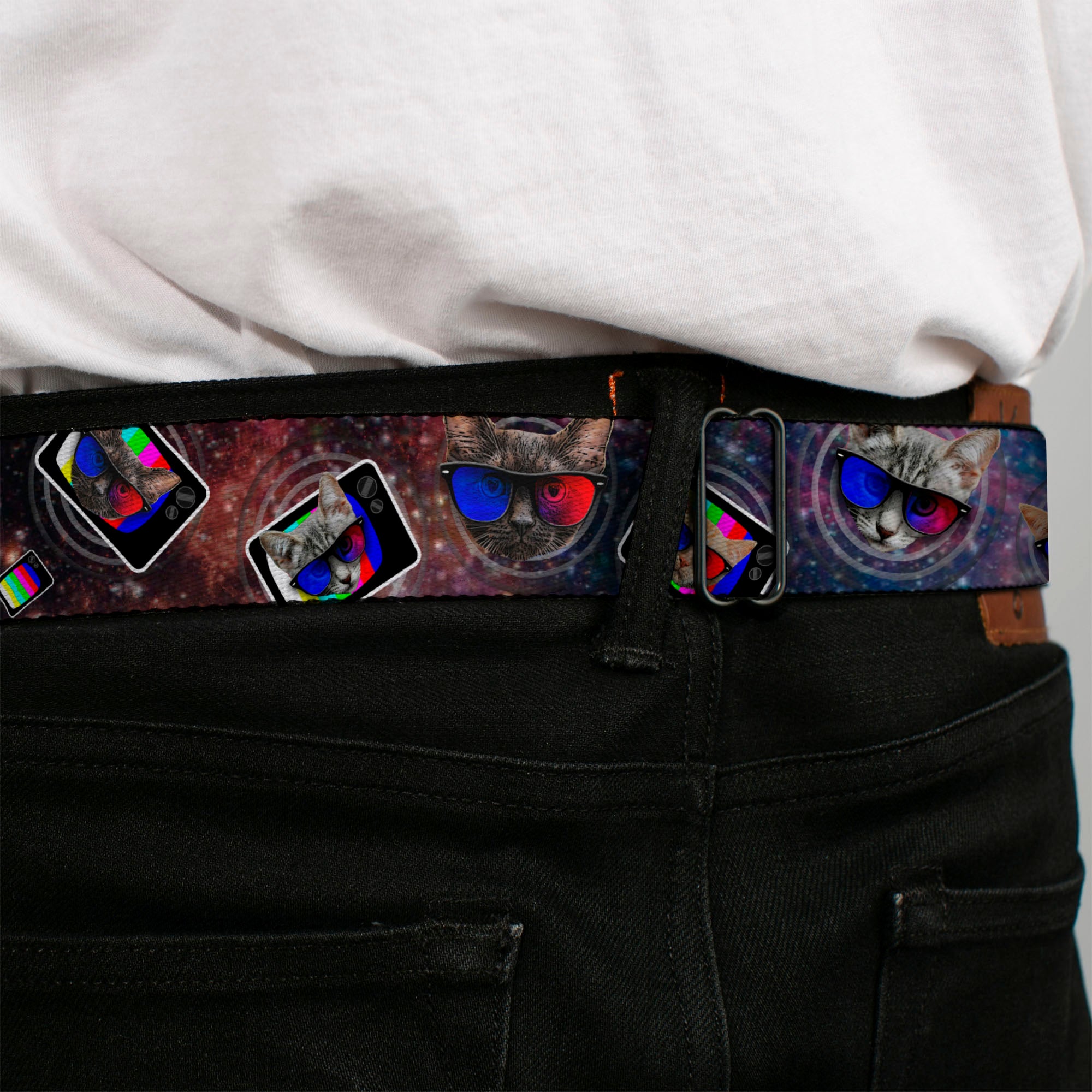BD Wings Logo CLOSE-UP Full Color Black Silver Seatbelt Belt - 3-D TV Cats in Space Webbing Seatbelt Belts Buckle-Down