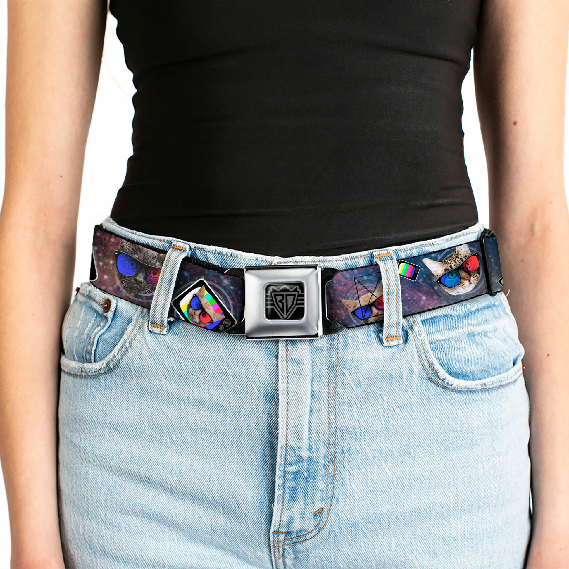 BD Wings Logo CLOSE-UP Full Color Black Silver Seatbelt Belt - 3-D TV Cats in Space Webbing Seatbelt Belts Buckle-Down