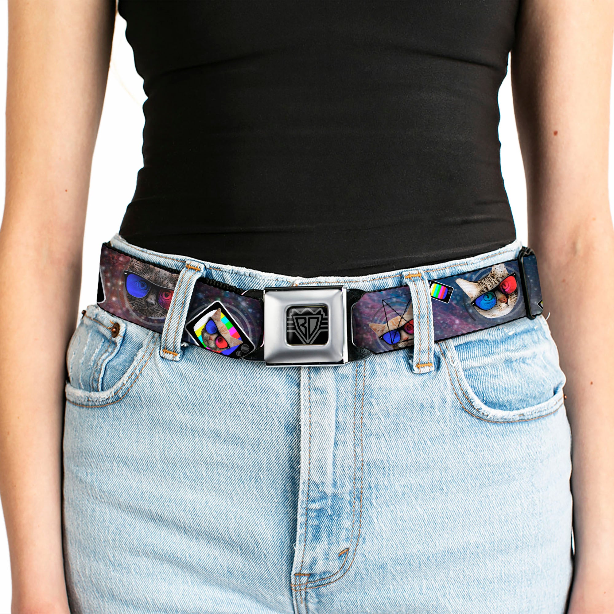 BD Wings Logo CLOSE-UP Full Color Black Silver Seatbelt Belt - 3-D TV Cats in Space Webbing Seatbelt Belts Buckle-Down
