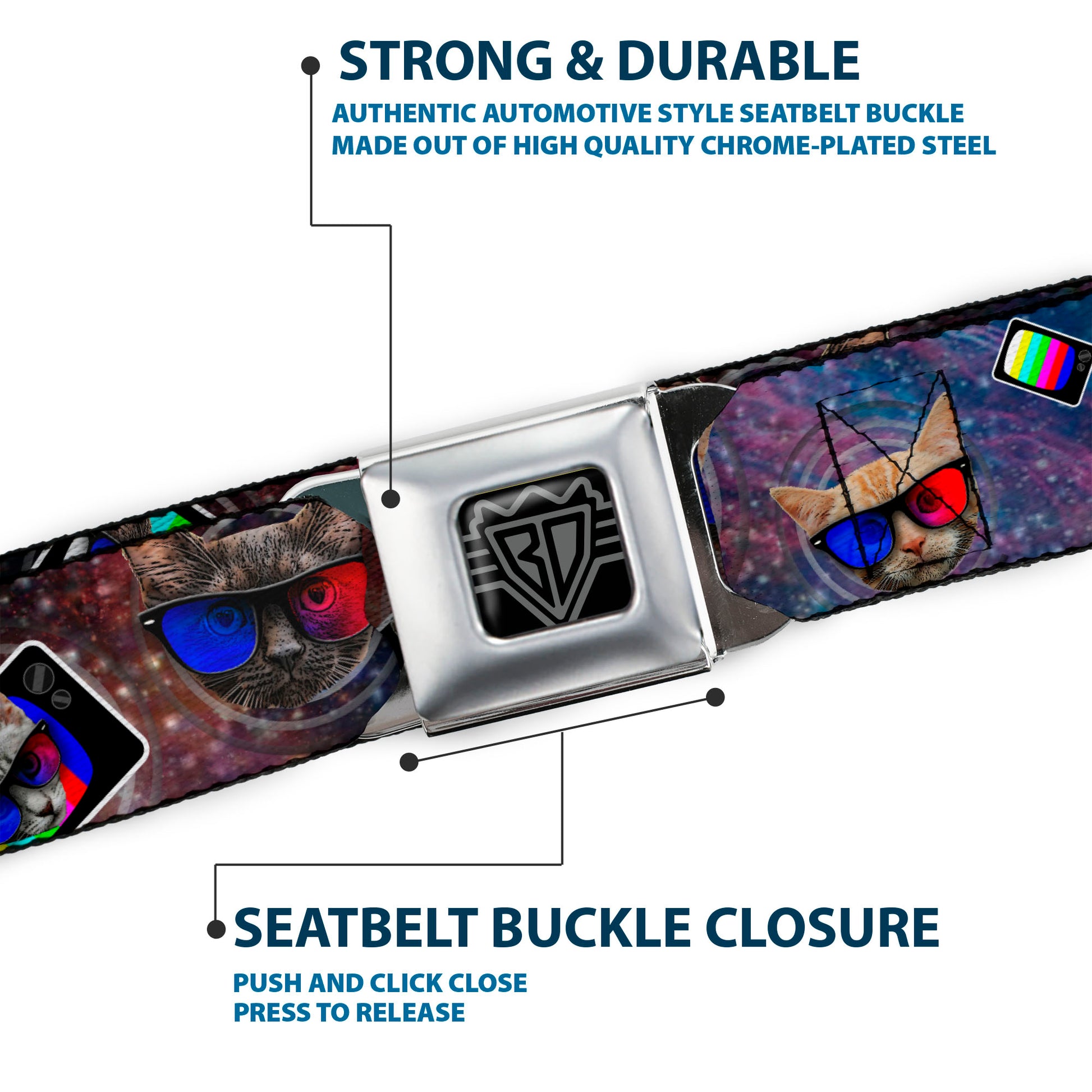 BD Wings Logo CLOSE-UP Full Color Black Silver Seatbelt Belt - 3-D TV Cats in Space Webbing Seatbelt Belts Buckle-Down