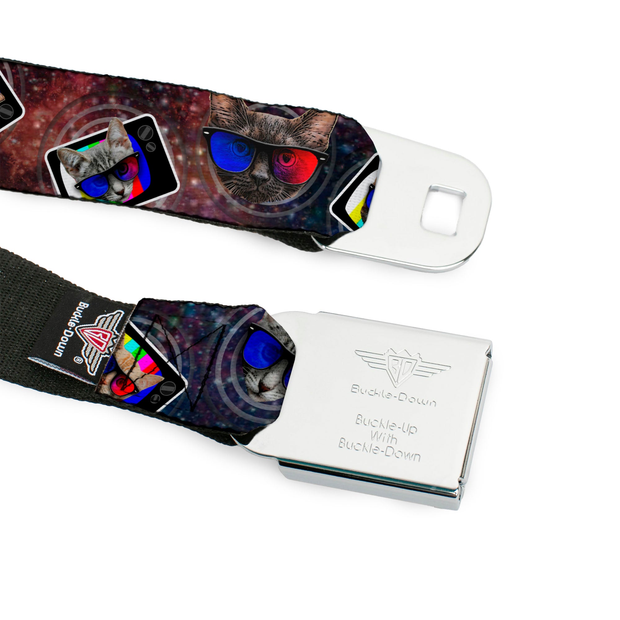 BD Wings Logo CLOSE-UP Full Color Black Silver Seatbelt Belt - 3-D TV Cats in Space Webbing Seatbelt Belts Buckle-Down