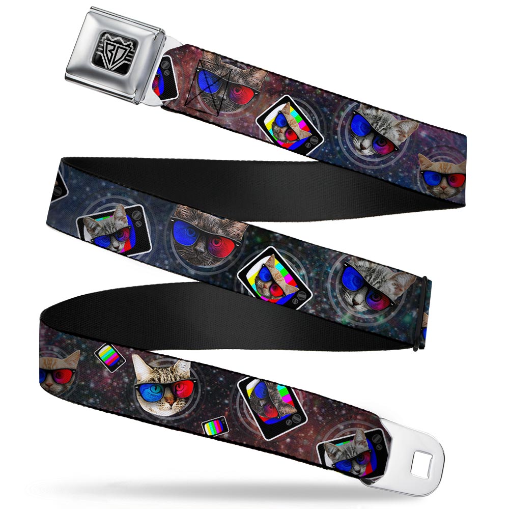 BD Wings Logo CLOSE-UP Full Color Black Silver Seatbelt Belt - 3-D TV Cats in Space Webbing Seatbelt Belts Buckle-Down