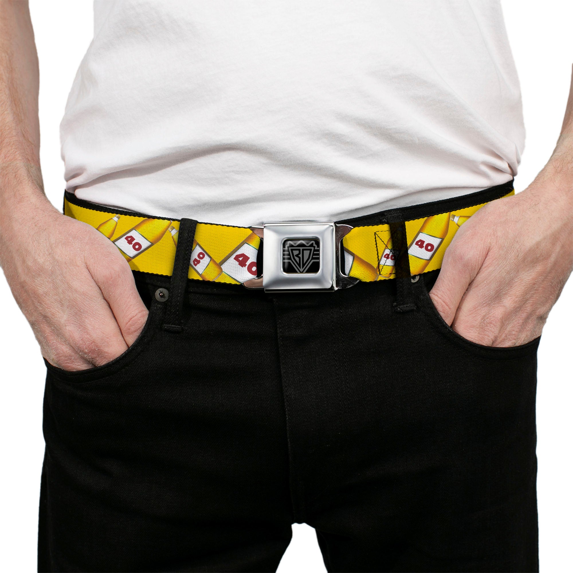 Seatbelt Belt - 40 Oz. Beer Bottles Yellow Seatbelt Belts Buckle-Down