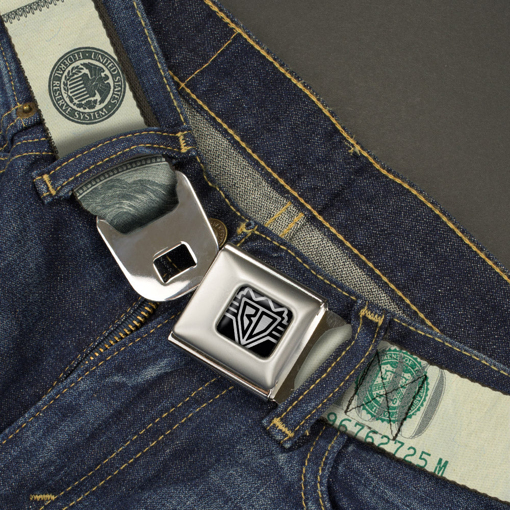 BD Wings Logo CLOSE-UP Full Color Black Silver Seatbelt Belt - 100 Dollar Bill CLOSE-UP Webbing Seatbelt Belts Buckle-Down