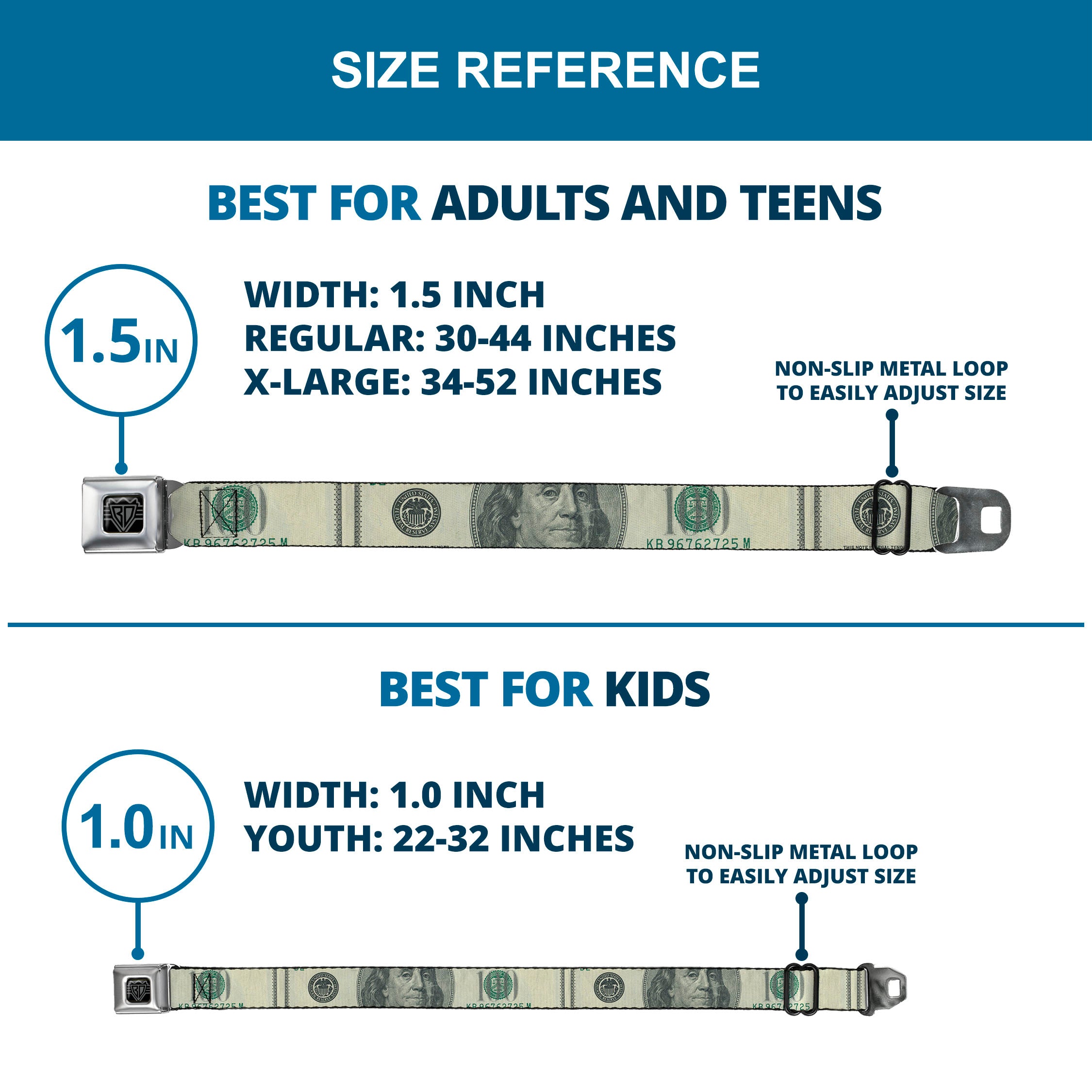 BD Wings Logo CLOSE-UP Full Color Black Silver Seatbelt Belt - 100 Dollar Bill CLOSE-UP Webbing Seatbelt Belts Buckle-Down