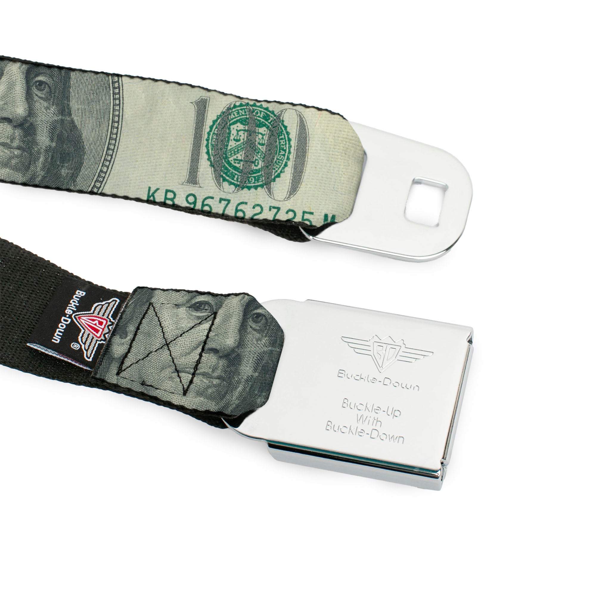 BD Wings Logo CLOSE-UP Full Color Black Silver Seatbelt Belt - 100 Dollar Bill CLOSE-UP Webbing Seatbelt Belts Buckle-Down