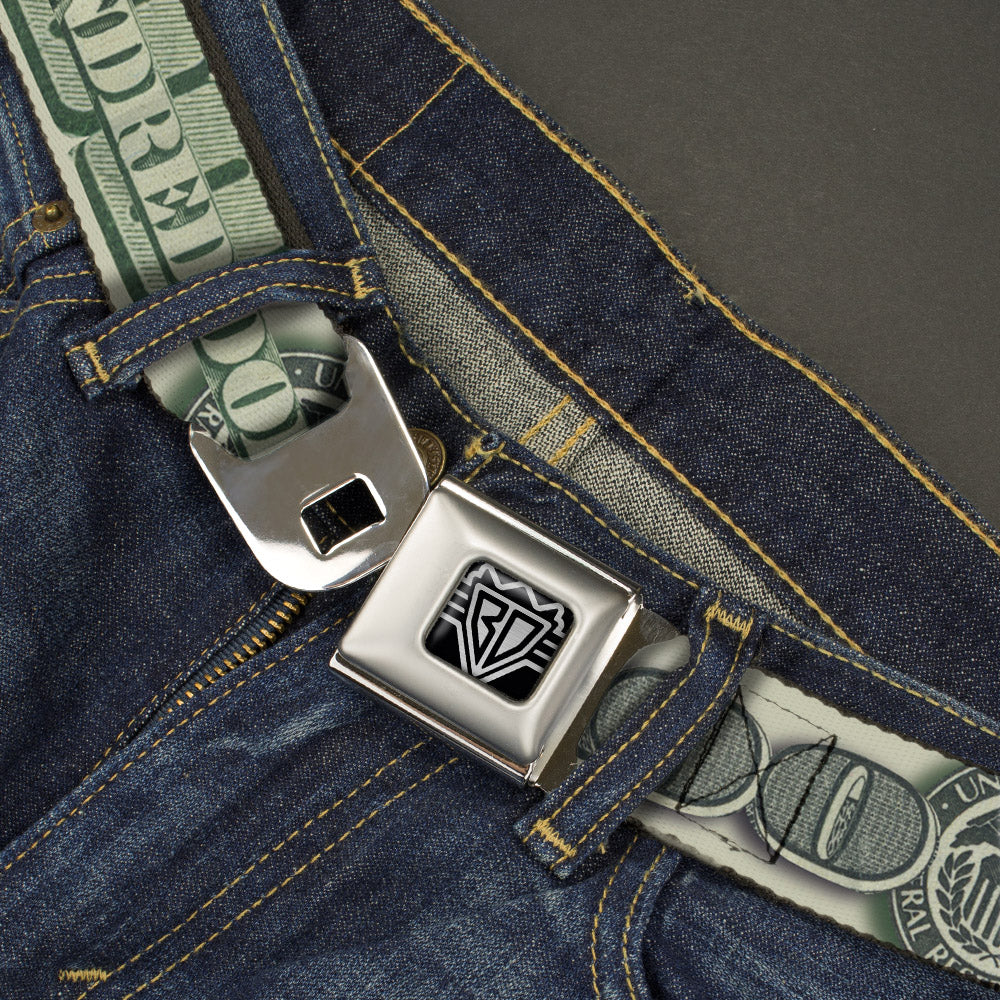 BD Wings Logo CLOSE-UP Full Color Black Silver Seatbelt Belt - 100 Dollar Bill CLOSE-UP/Triple Benjamin Webbing Seatbelt Belts Buckle-Down