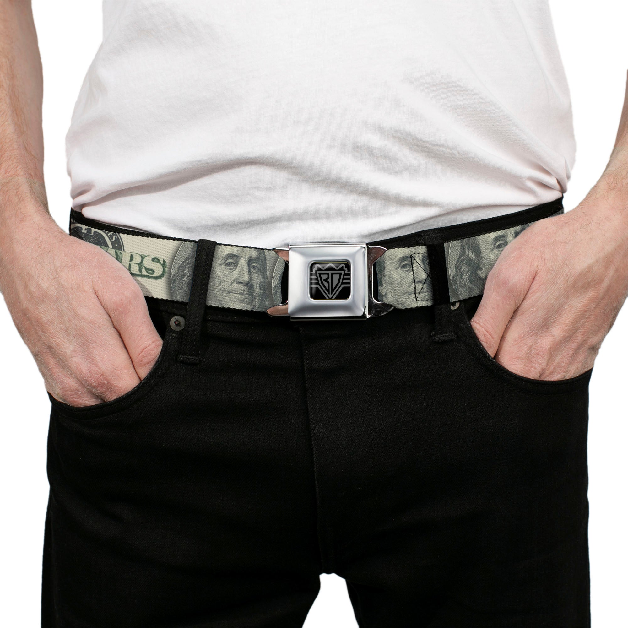 BD Wings Logo CLOSE-UP Full Color Black Silver Seatbelt Belt - 100 Dollar Bill CLOSE-UP/Triple Benjamin Webbing Seatbelt Belts Buckle-Down