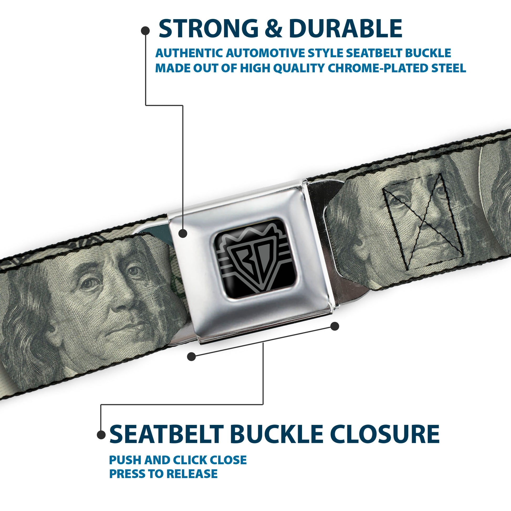 BD Wings Logo CLOSE-UP Full Color Black Silver Seatbelt Belt - 100 Dollar Bill CLOSE-UP/Triple Benjamin Webbing Seatbelt Belts Buckle-Down