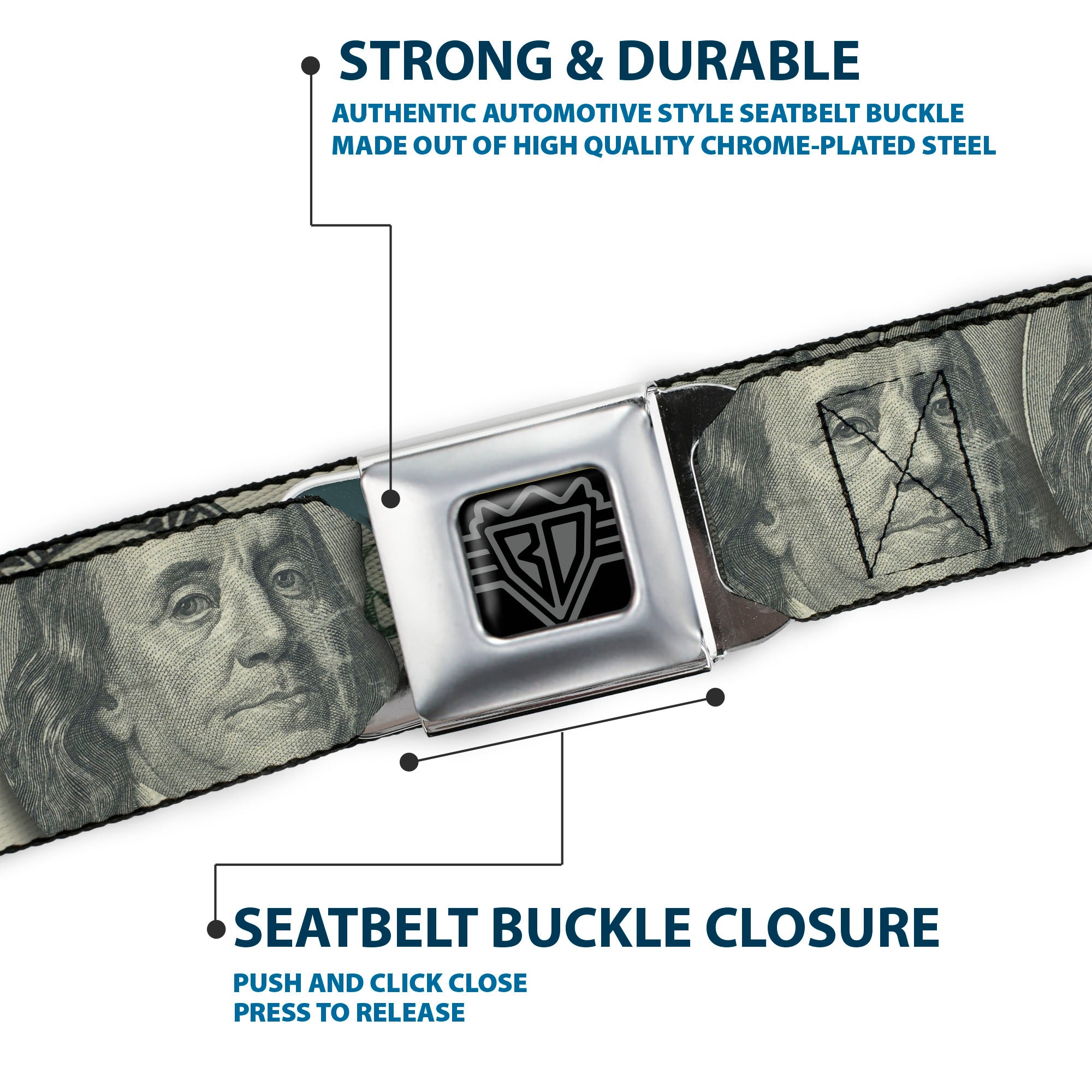 BD Wings Logo CLOSE-UP Full Color Black Silver Seatbelt Belt - 100 Dollar Bill CLOSE-UP/Triple Benjamin Webbing Seatbelt Belts Buckle-Down