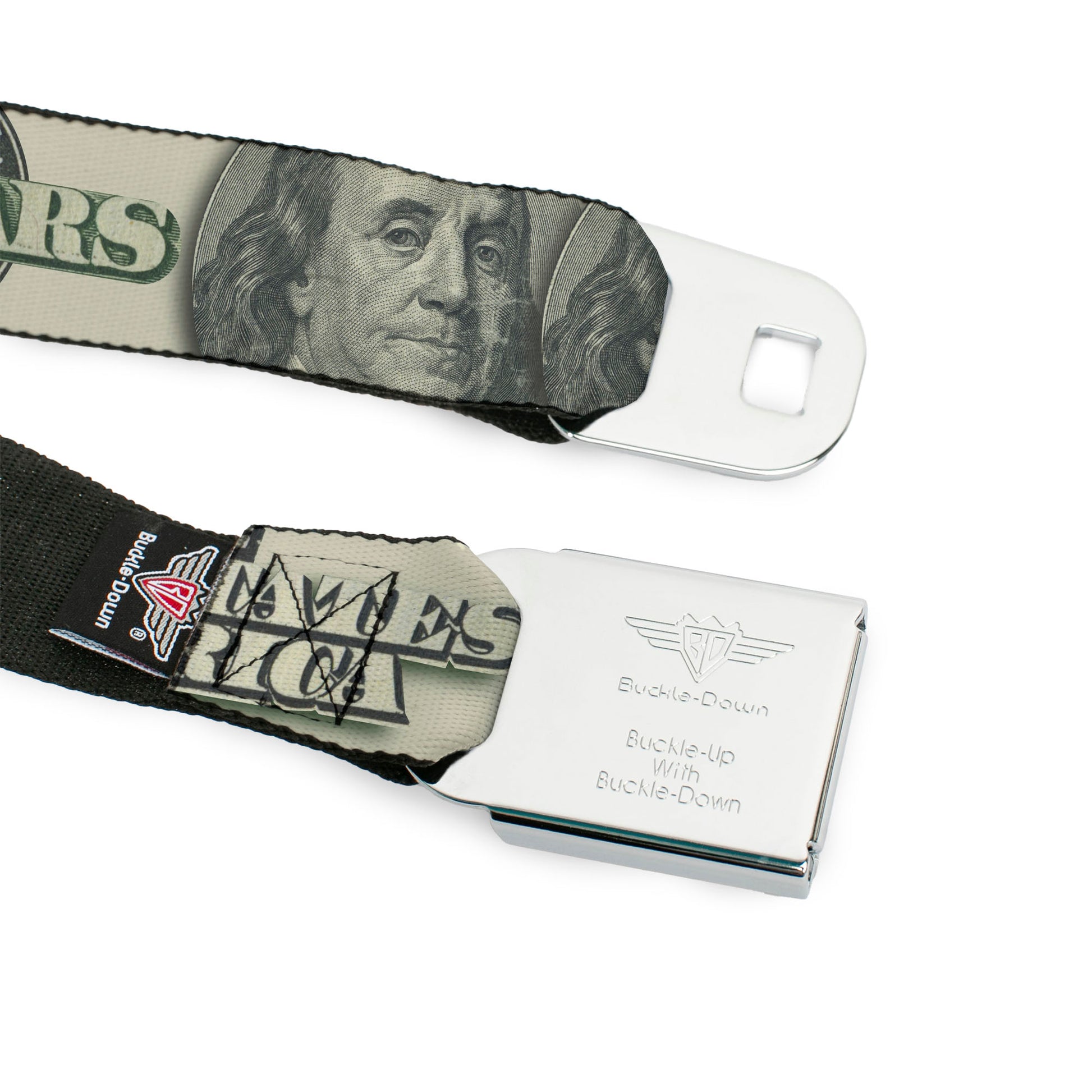 BD Wings Logo CLOSE-UP Full Color Black Silver Seatbelt Belt - 100 Dollar Bill CLOSE-UP/Triple Benjamin Webbing Seatbelt Belts Buckle-Down