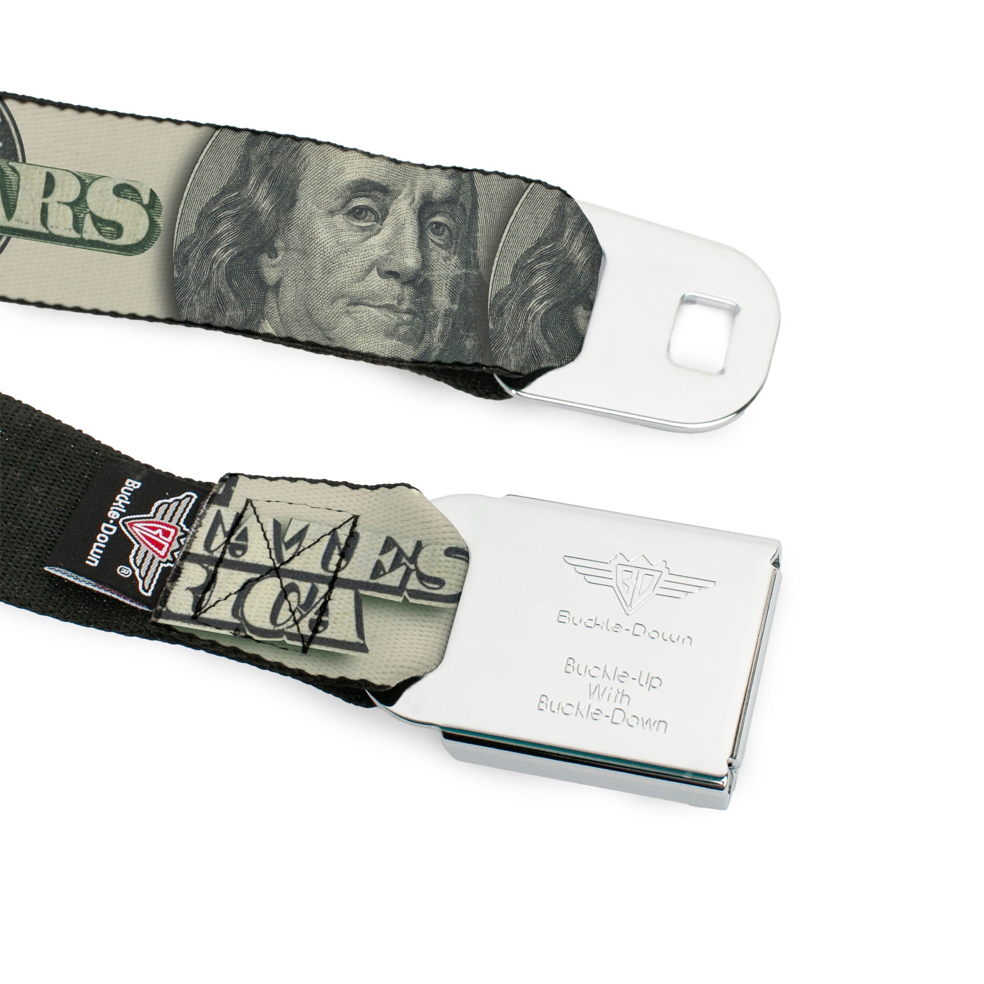 BD Wings Logo CLOSE-UP Full Color Black Silver Seatbelt Belt - 100 Dollar Bill CLOSE-UP/Triple Benjamin Webbing Seatbelt Belts Buckle-Down