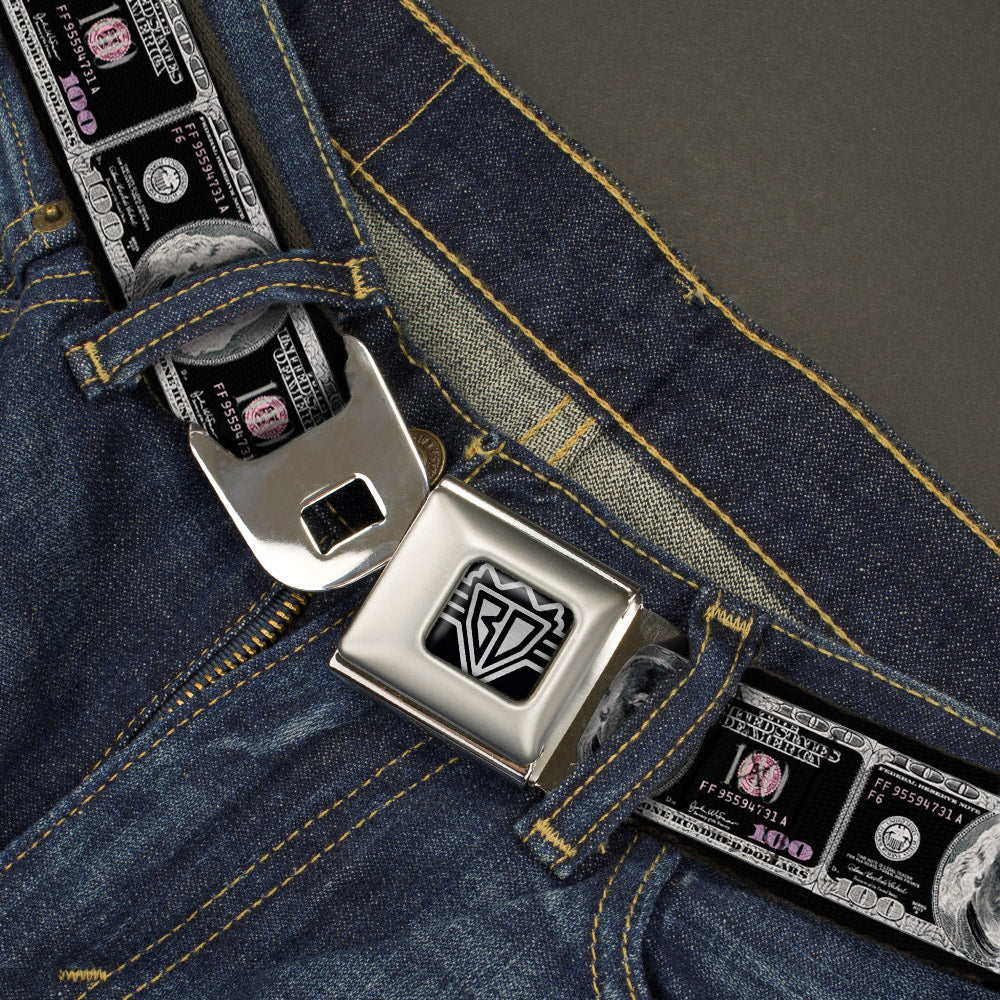 BD Wings Logo CLOSE-UP Full Color Black Silver Seatbelt Belt - 100 Dollar Bill X-Ray Black/White Webbing Seatbelt Belts Buckle-Down