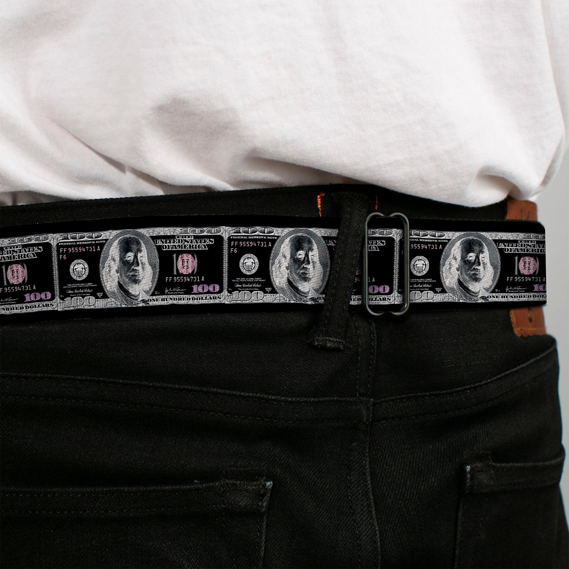 BD Wings Logo CLOSE-UP Full Color Black Silver Seatbelt Belt - 100 Dollar Bill X-Ray Black/White Webbing Seatbelt Belts Buckle-Down