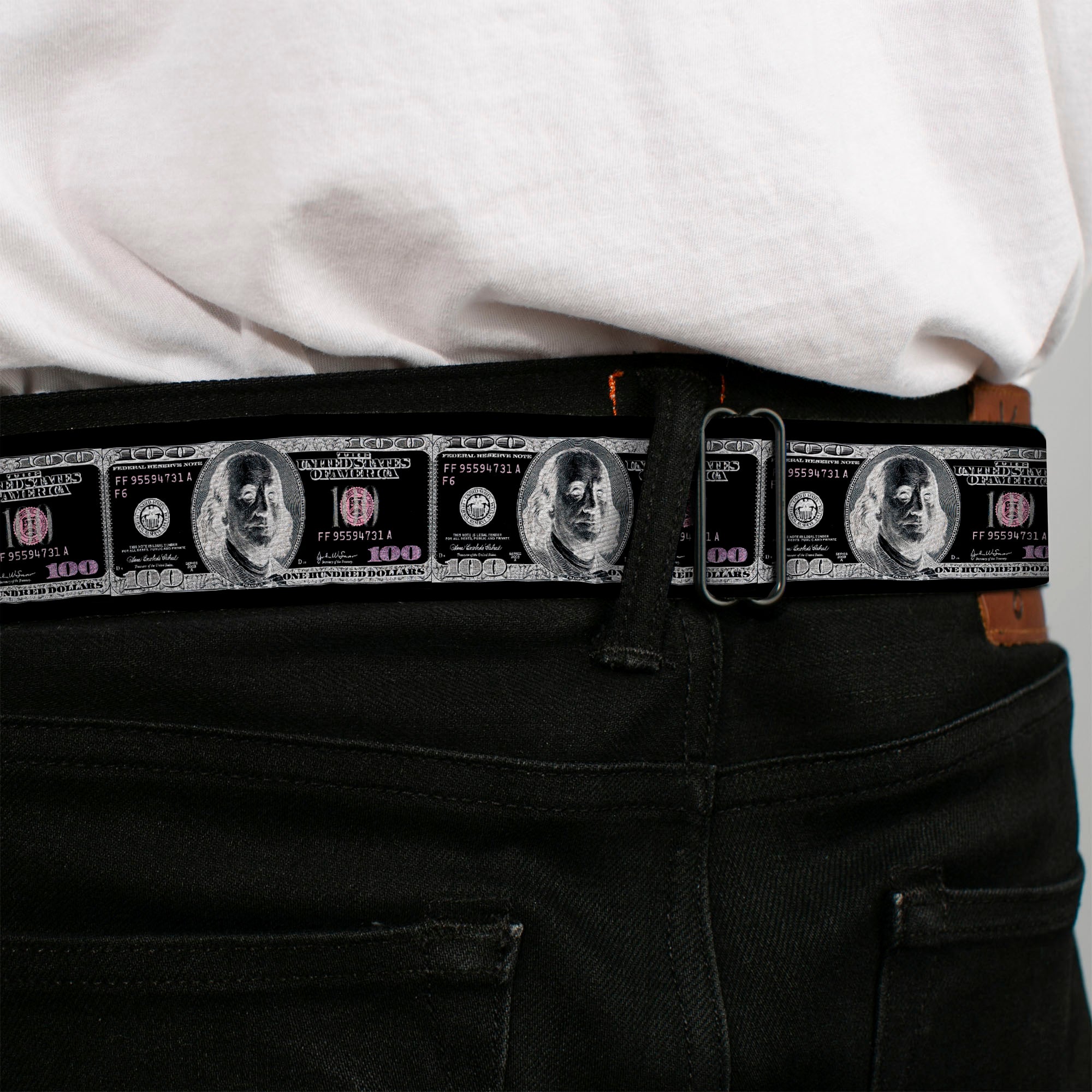 BD Wings Logo CLOSE-UP Full Color Black Silver Seatbelt Belt - 100 Dollar Bill X-Ray Black/White Webbing Seatbelt Belts Buckle-Down