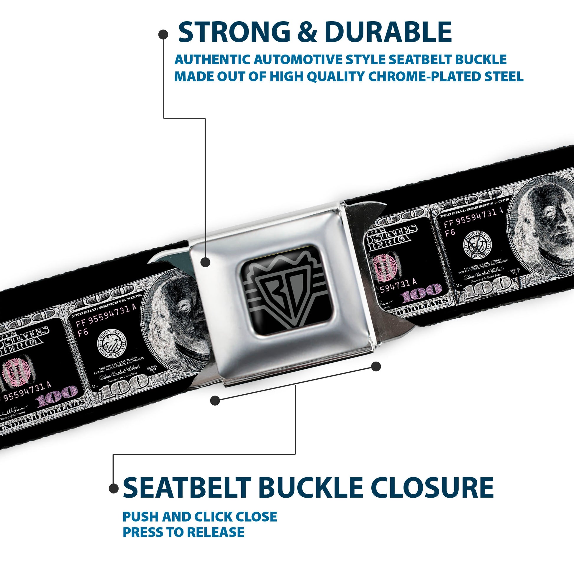 BD Wings Logo CLOSE-UP Full Color Black Silver Seatbelt Belt - 100 Dollar Bill X-Ray Black/White Webbing Seatbelt Belts Buckle-Down