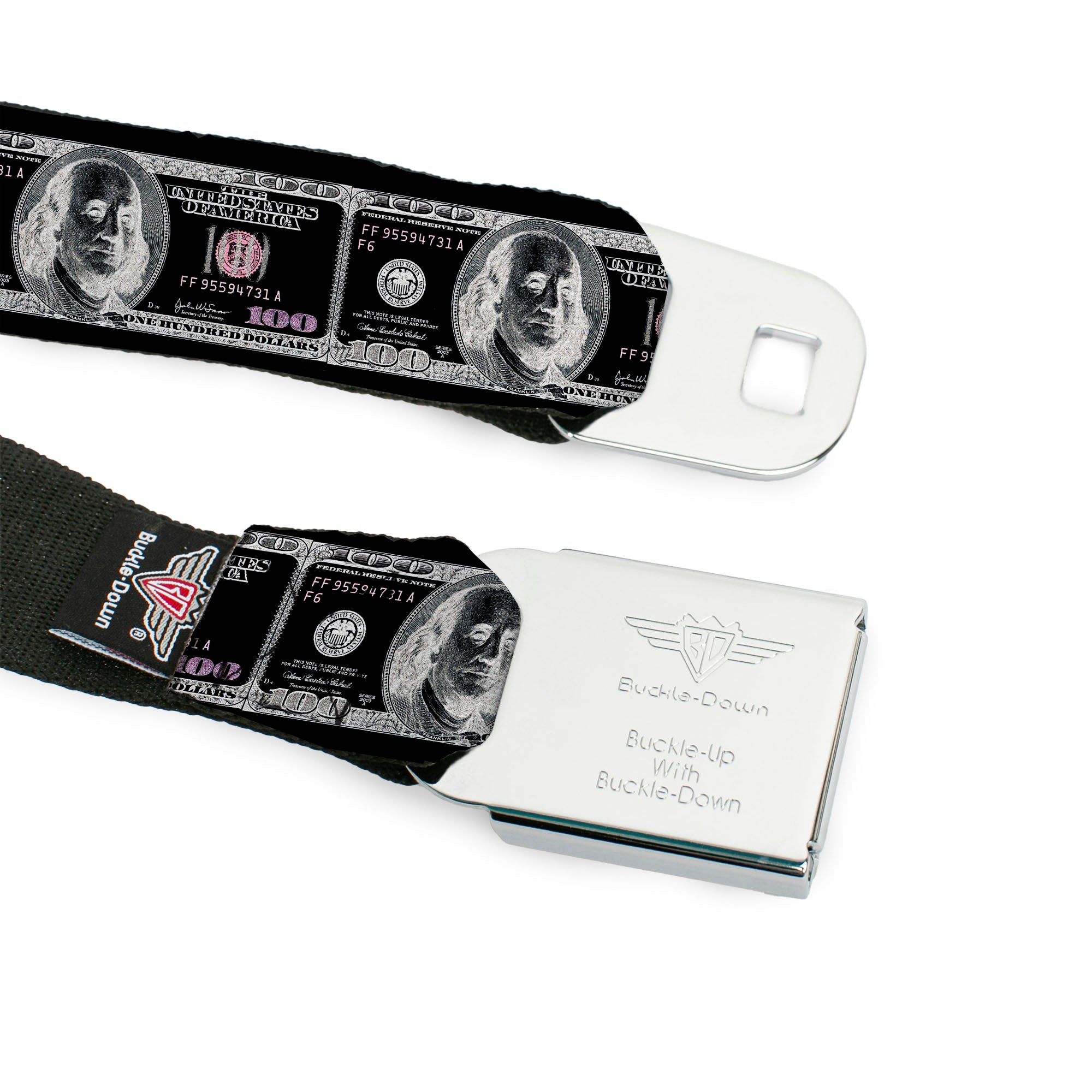 BD Wings Logo CLOSE-UP Full Color Black Silver Seatbelt Belt - 100 Dollar Bill X-Ray Black/White Webbing Seatbelt Belts Buckle-Down