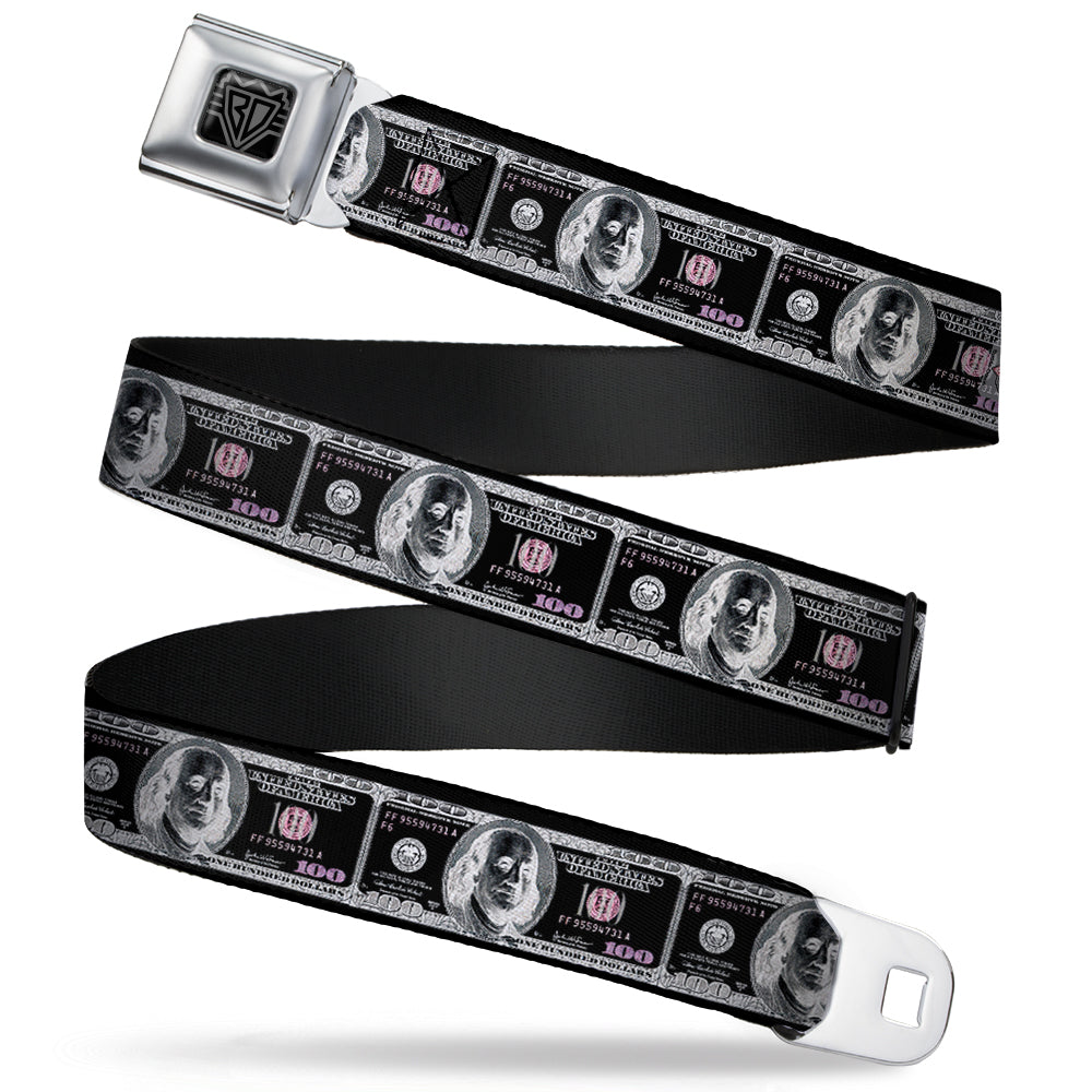 BD Wings Logo CLOSE-UP Full Color Black Silver Seatbelt Belt - 100 Dollar Bill X-Ray Black/White Webbing Seatbelt Belts Buckle-Down