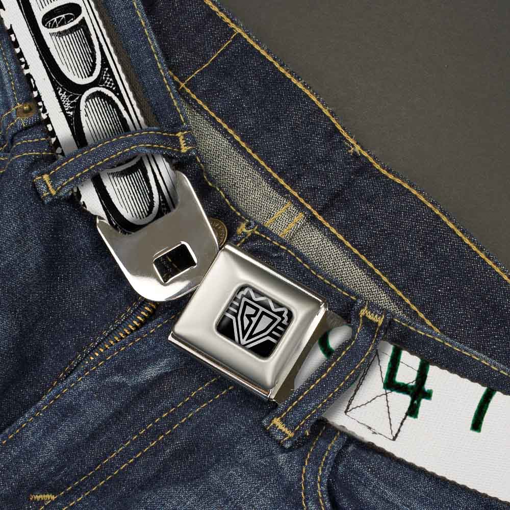 BD Wings Logo CLOSE-UP Full Color Black Silver Seatbelt Belt - 100 Dollar Bill CLOSE-UP White/Black Webbing Seatbelt Belts Buckle-Down