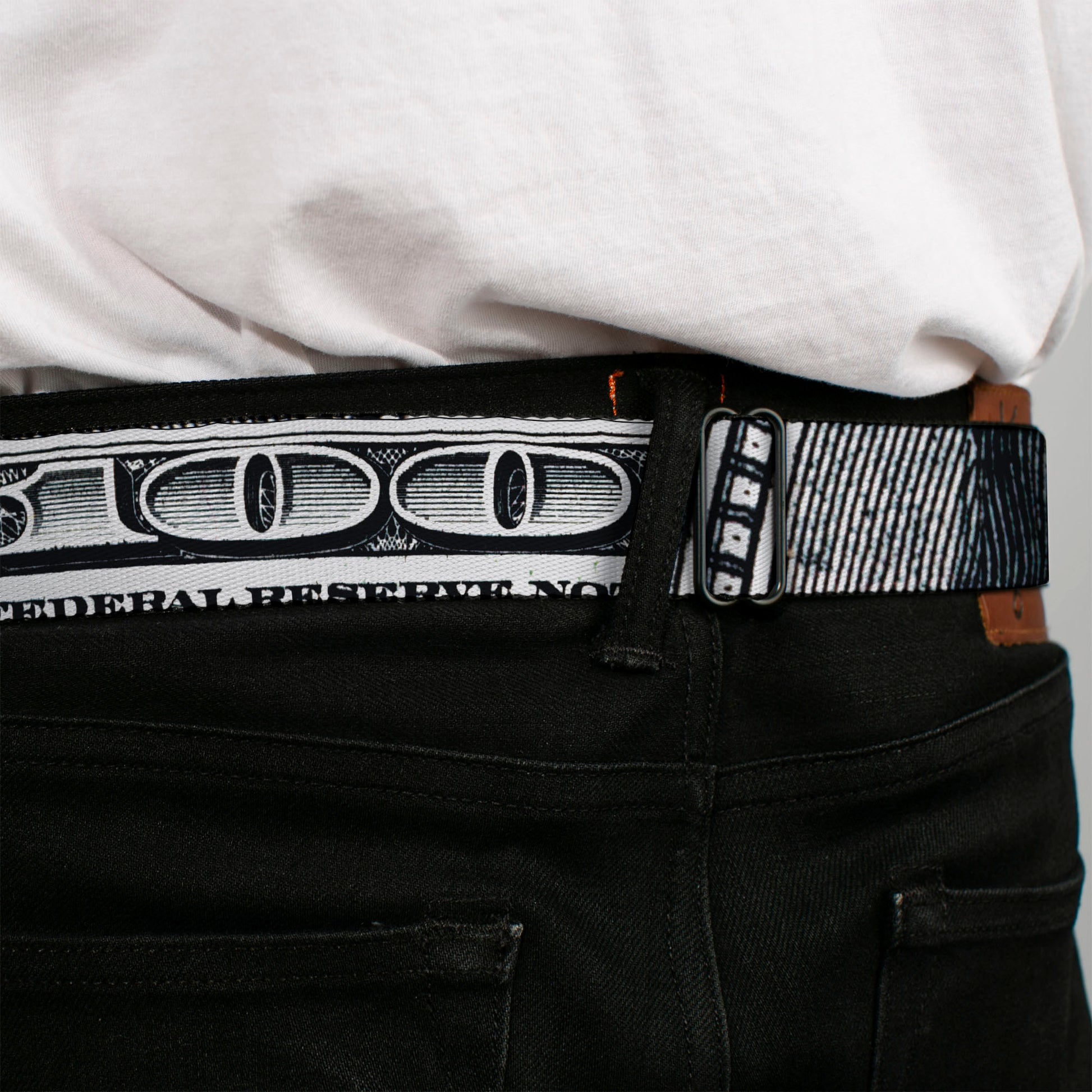 BD Wings Logo CLOSE-UP Full Color Black Silver Seatbelt Belt - 100 Dollar Bill CLOSE-UP White/Black Webbing Seatbelt Belts Buckle-Down