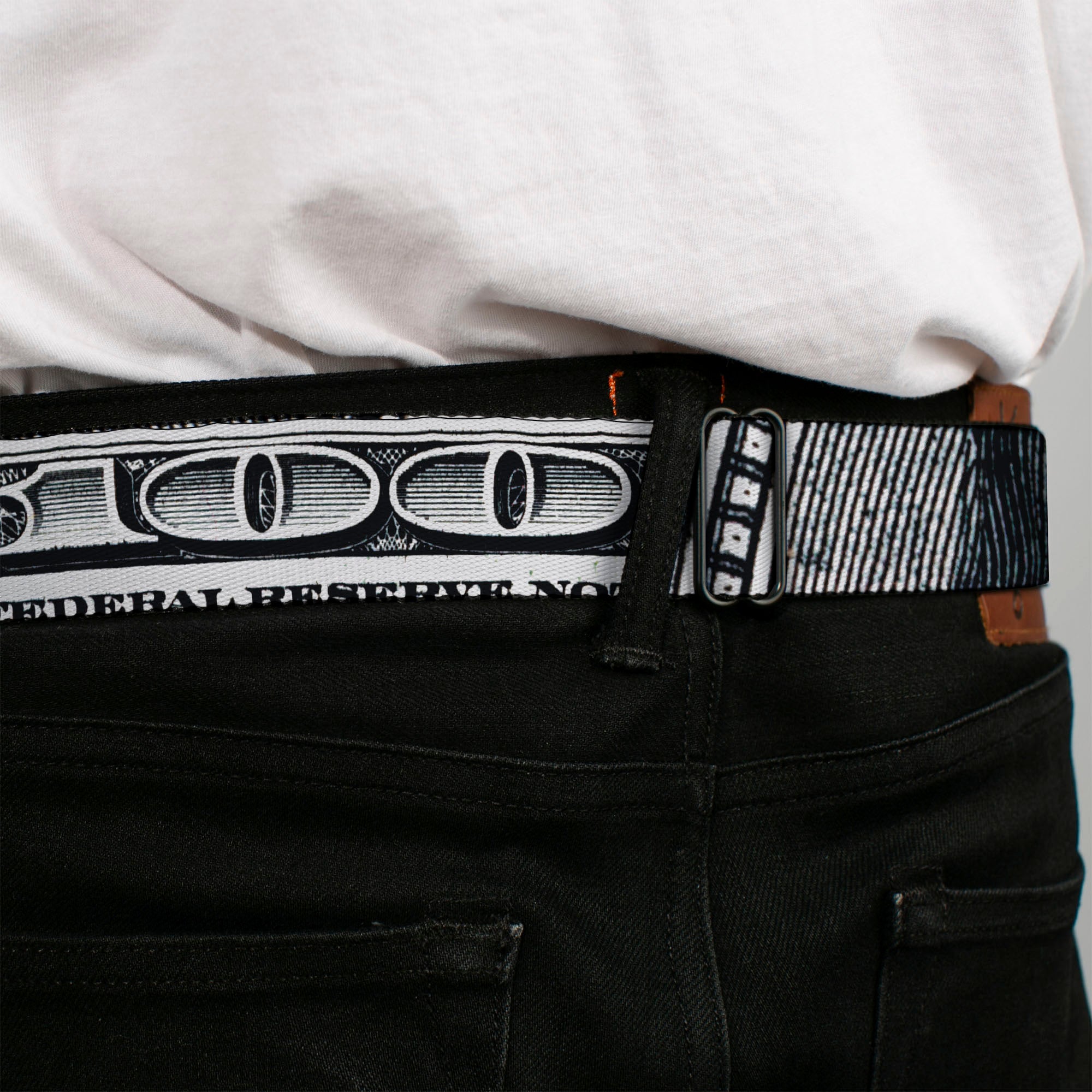 BD Wings Logo CLOSE-UP Full Color Black Silver Seatbelt Belt - 100 Dollar Bill CLOSE-UP White/Black Webbing Seatbelt Belts Buckle-Down