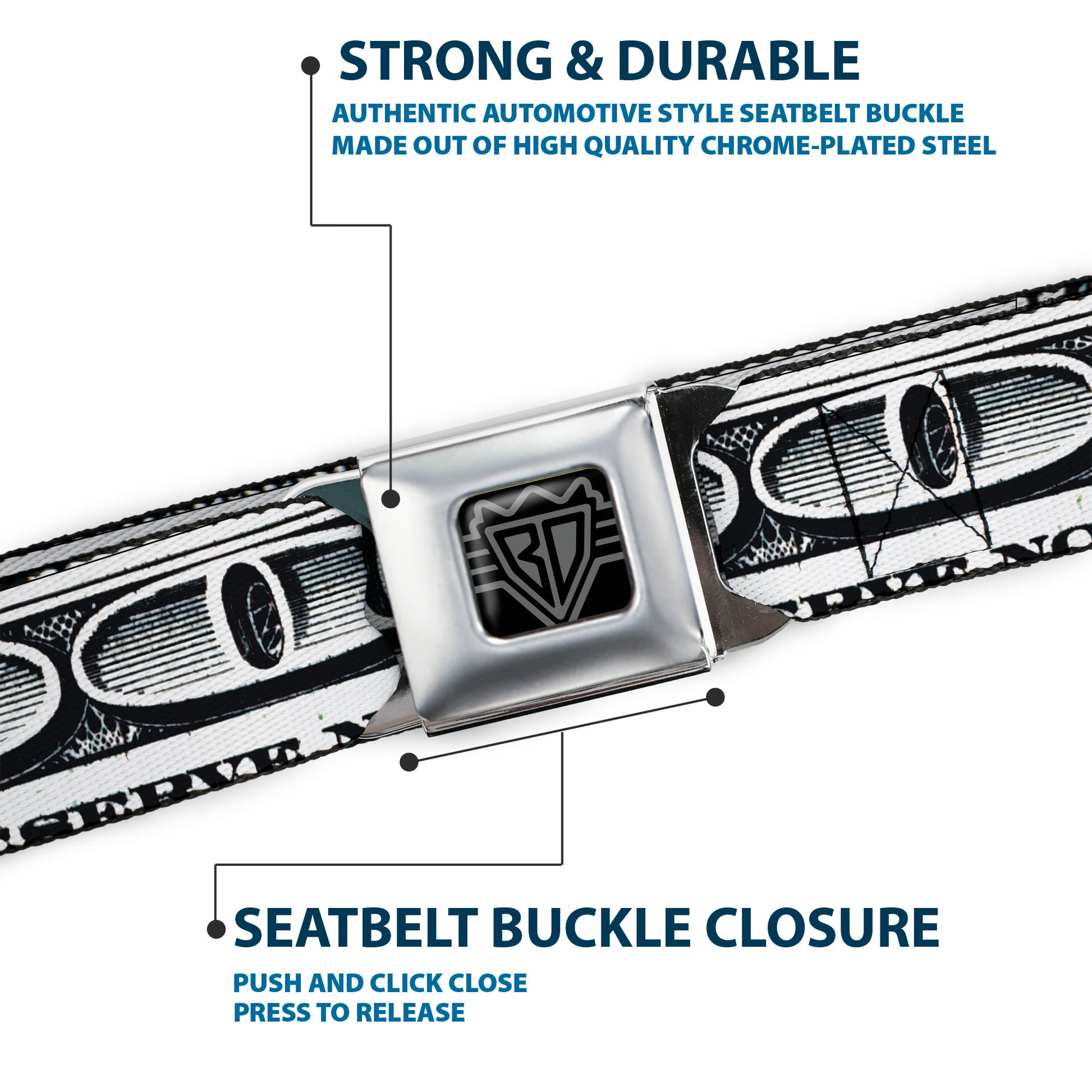 BD Wings Logo CLOSE-UP Full Color Black Silver Seatbelt Belt - 100 Dollar Bill CLOSE-UP White/Black Webbing Seatbelt Belts Buckle-Down