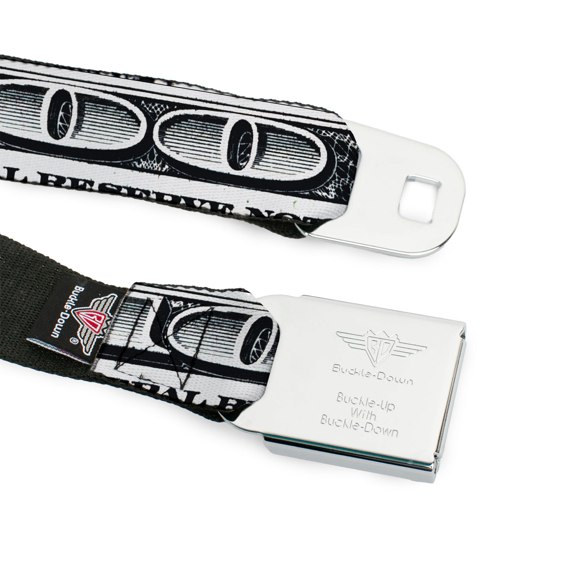 BD Wings Logo CLOSE-UP Full Color Black Silver Seatbelt Belt - 100 Dollar Bill CLOSE-UP White/Black Webbing Seatbelt Belts Buckle-Down
