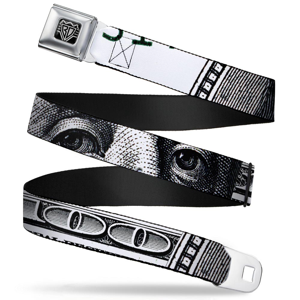 BD Wings Logo CLOSE-UP Full Color Black Silver Seatbelt Belt - 100 Dollar Bill CLOSE-UP White/Black Webbing Seatbelt Belts Buckle-Down