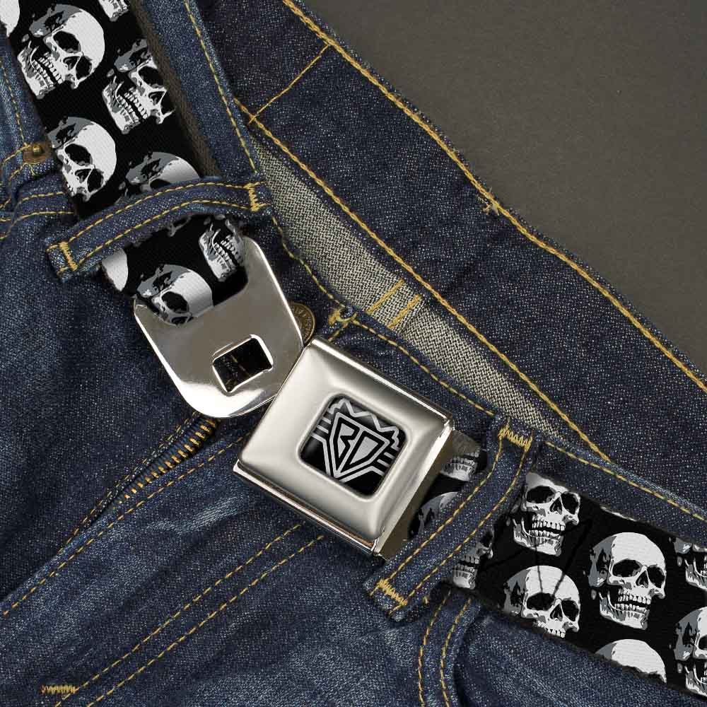 BD Wings Logo CLOSE-UP Full Color Black Silver Seatbelt Belt - 3-D Skulls Repeat Black/Grays/White Webbing Seatbelt Belts Buckle-Down