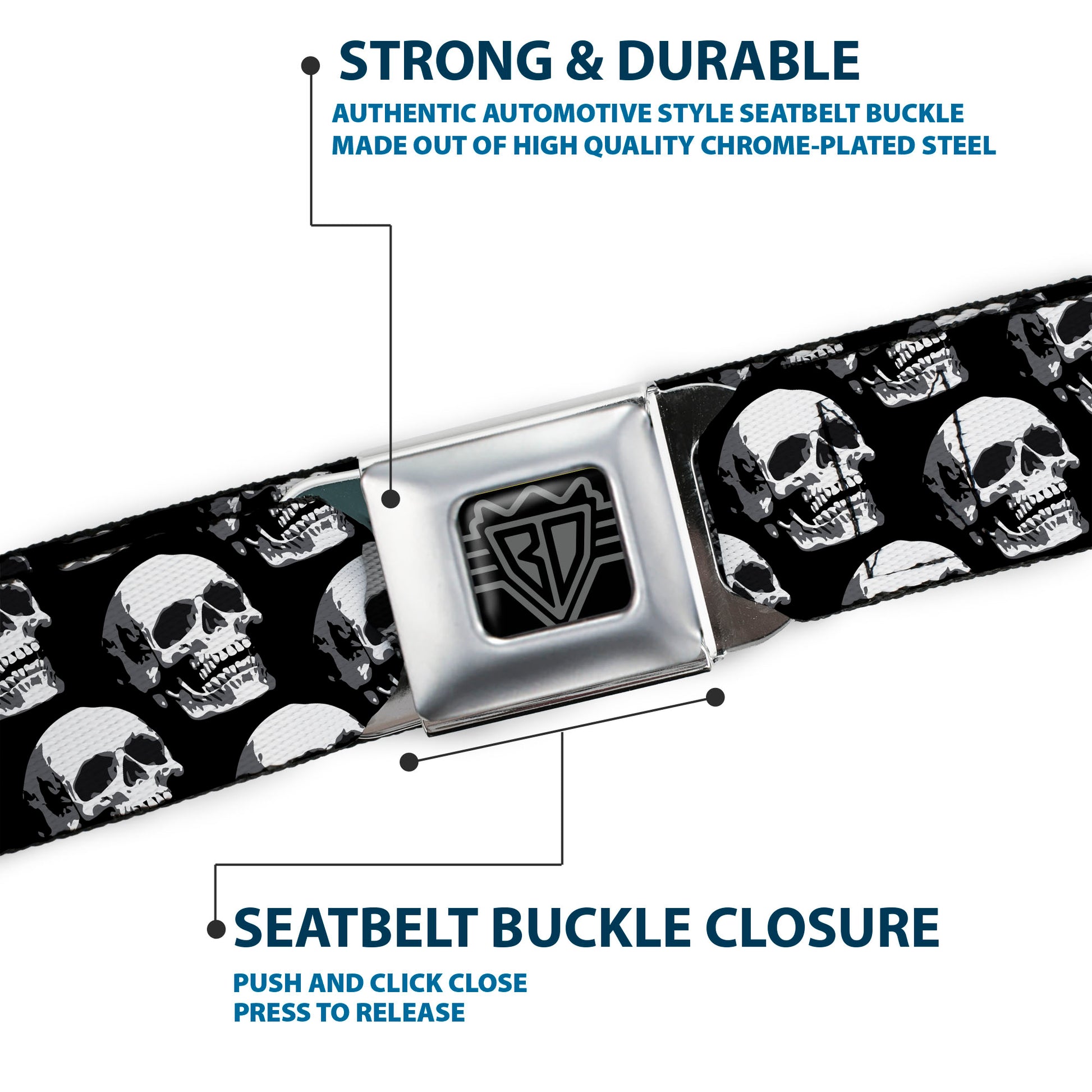 BD Wings Logo CLOSE-UP Full Color Black Silver Seatbelt Belt - 3-D Skulls Repeat Black/Grays/White Webbing Seatbelt Belts Buckle-Down