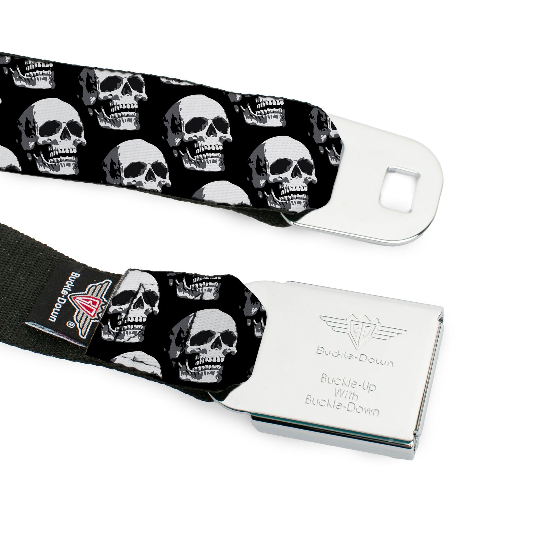 BD Wings Logo CLOSE-UP Full Color Black Silver Seatbelt Belt - 3-D Skulls Repeat Black/Grays/White Webbing Seatbelt Belts Buckle-Down