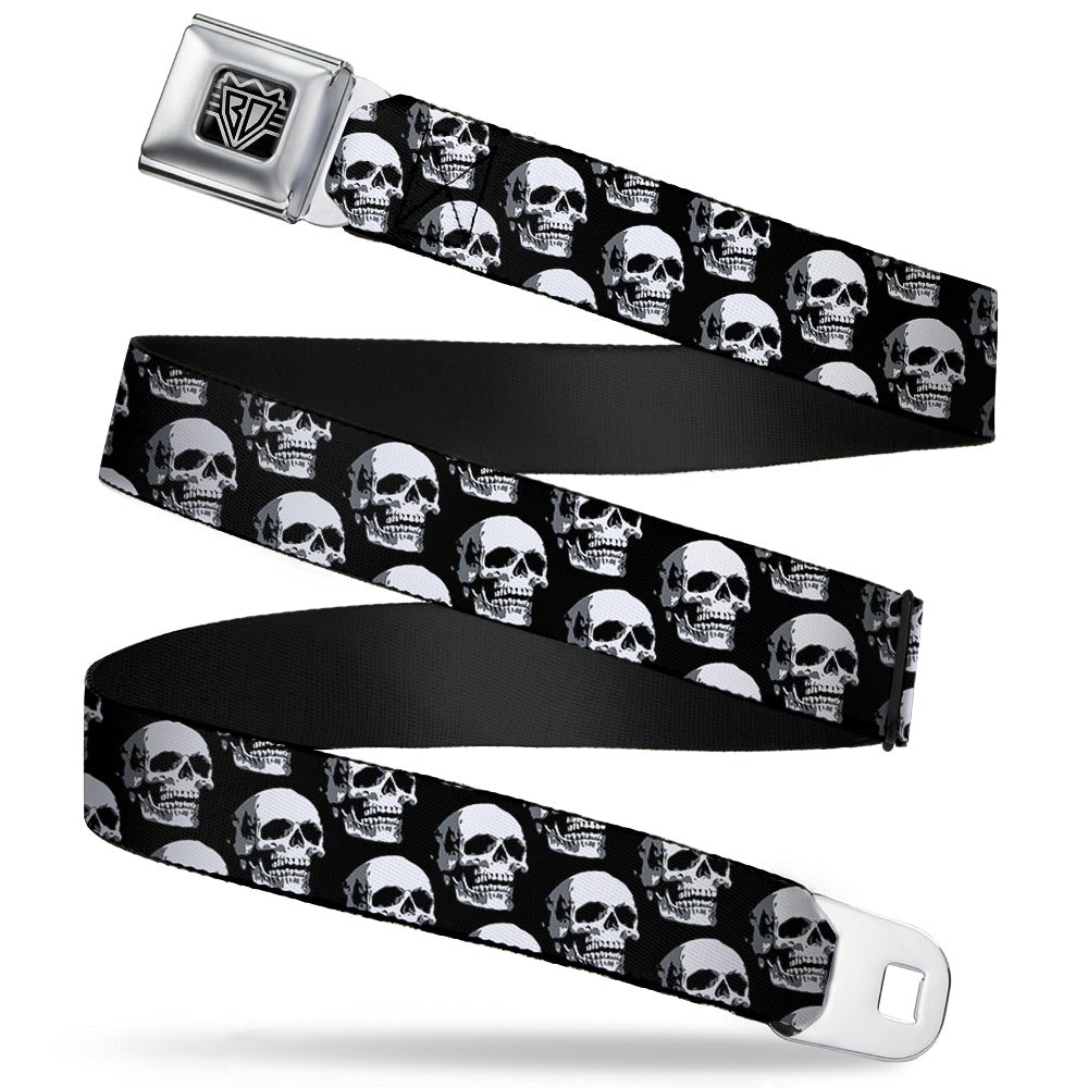 BD Wings Logo CLOSE-UP Full Color Black Silver Seatbelt Belt - 3-D Skulls Repeat Black/Grays/White Webbing Seatbelt Belts Buckle-Down
