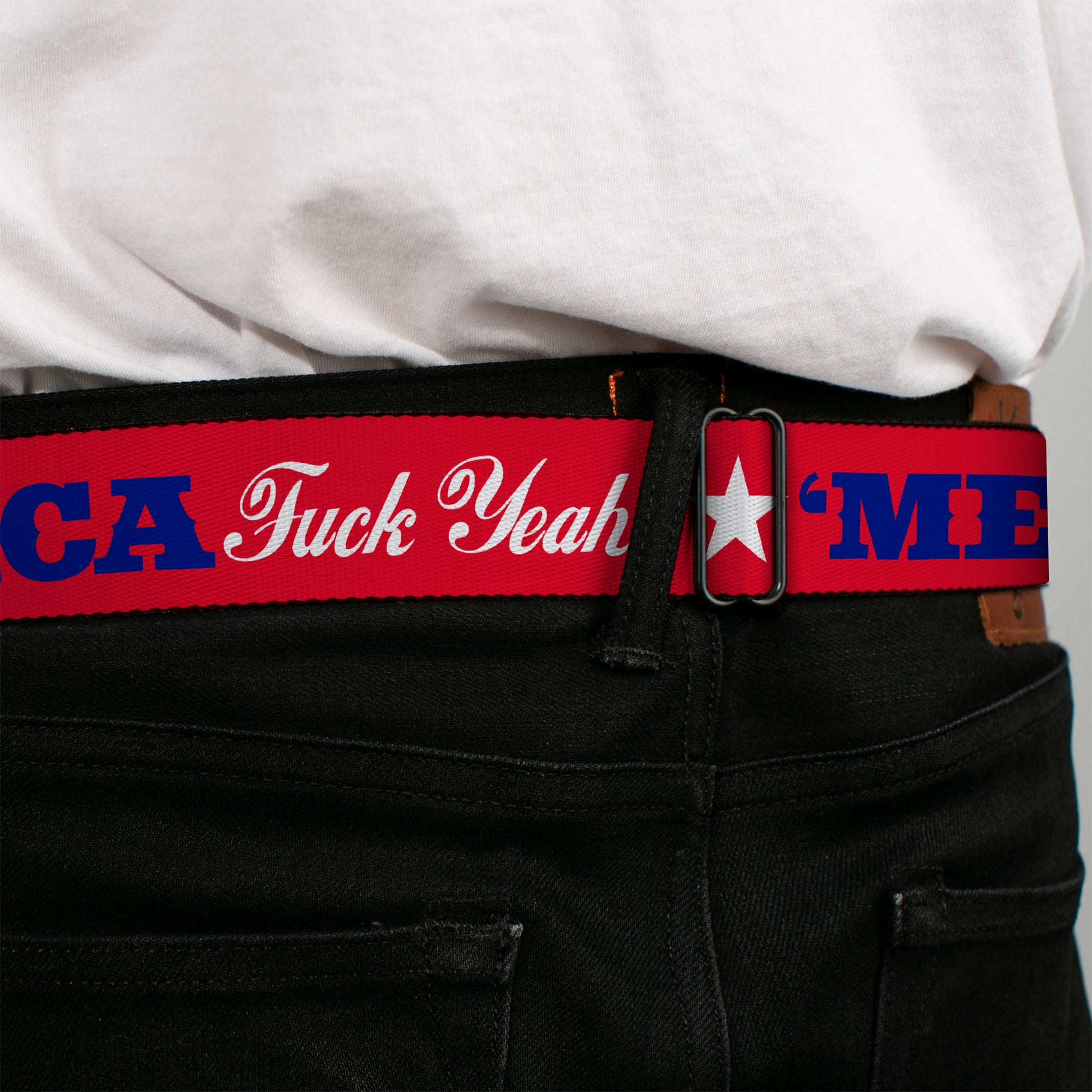 BD Wings Logo CLOSE-UP Full Color Black Silver Seatbelt Belt - 'MERICA FUCK YEAH!/Star Red/Blue/White Webbing Seatbelt Belts Buckle-Down