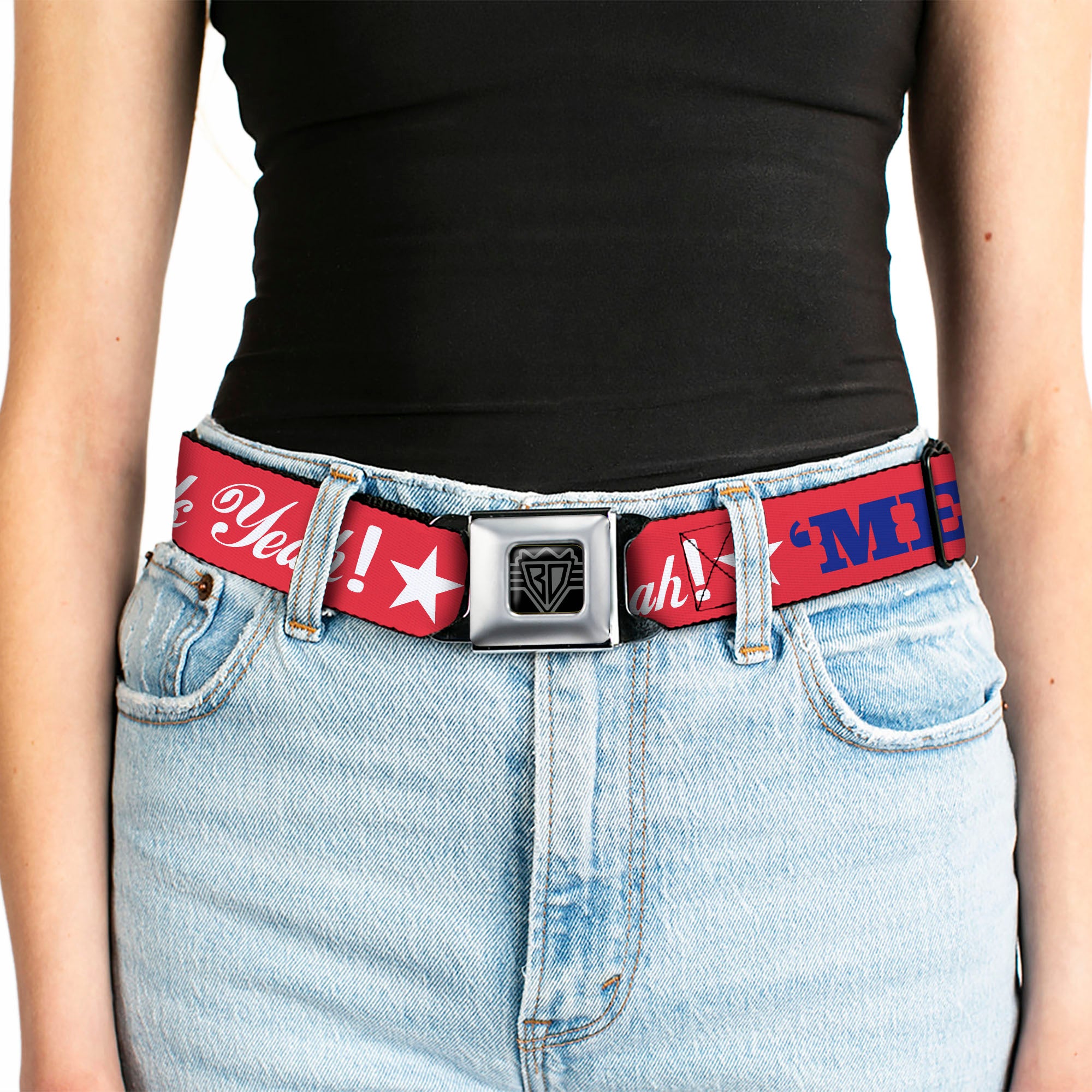 BD Wings Logo CLOSE-UP Full Color Black Silver Seatbelt Belt - 'MERICA FUCK YEAH!/Star Red/Blue/White Webbing Seatbelt Belts Buckle-Down