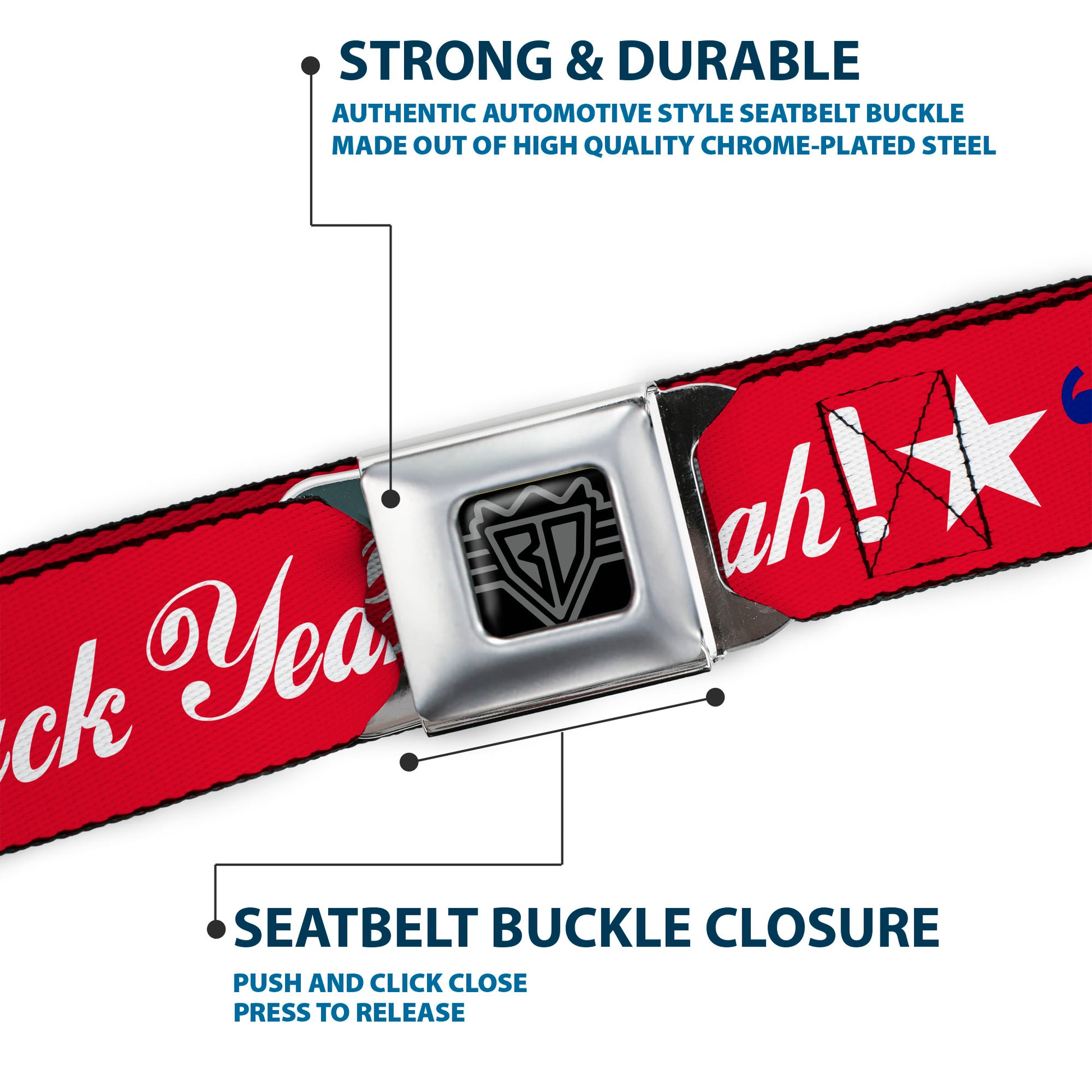 BD Wings Logo CLOSE-UP Full Color Black Silver Seatbelt Belt - 'MERICA FUCK YEAH!/Star Red/Blue/White Webbing Seatbelt Belts Buckle-Down