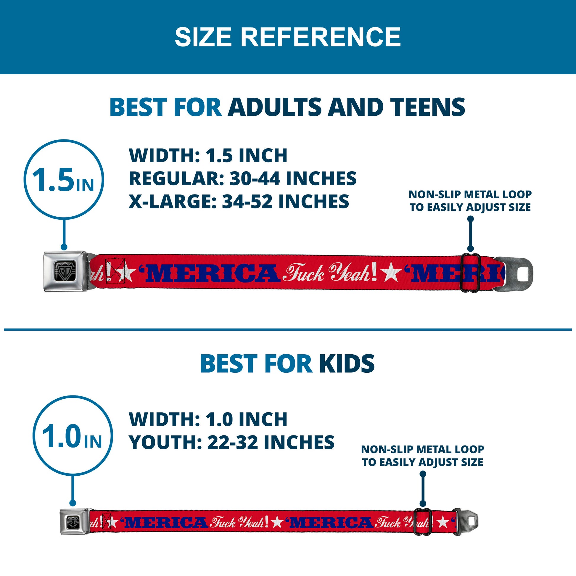 BD Wings Logo CLOSE-UP Full Color Black Silver Seatbelt Belt - 'MERICA FUCK YEAH!/Star Red/Blue/White Webbing Seatbelt Belts Buckle-Down