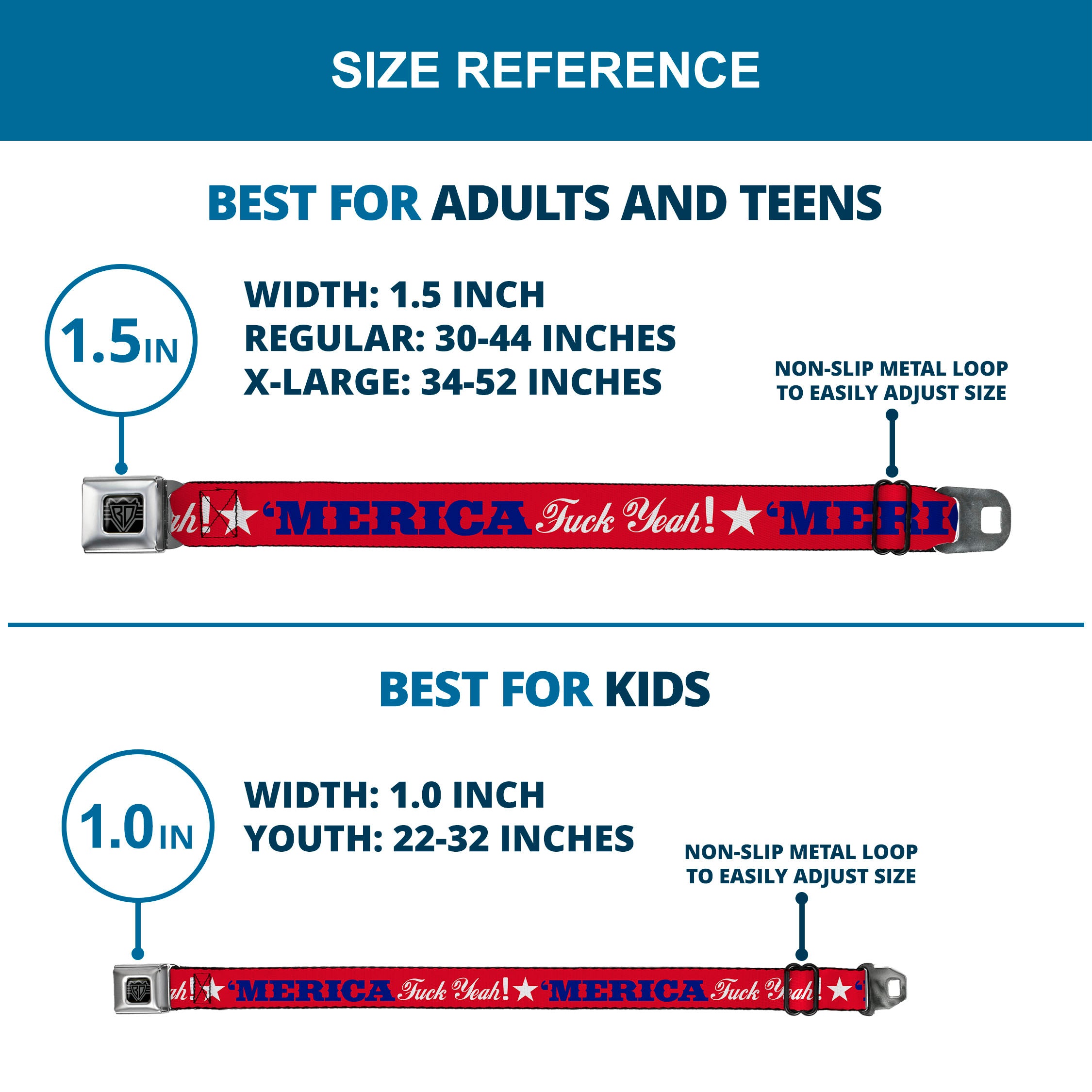 BD Wings Logo CLOSE-UP Full Color Black Silver Seatbelt Belt - 'MERICA FUCK YEAH!/Star Red/Blue/White Webbing Seatbelt Belts Buckle-Down