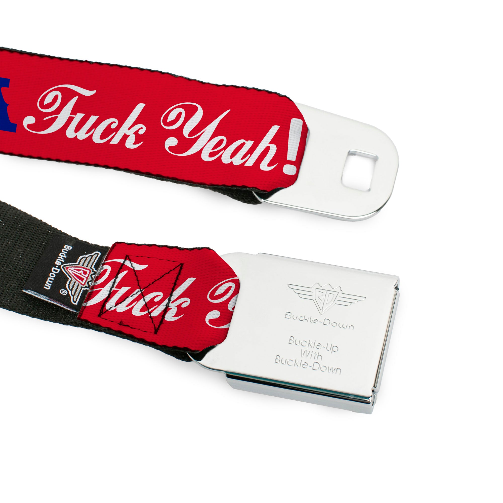 BD Wings Logo CLOSE-UP Full Color Black Silver Seatbelt Belt - 'MERICA FUCK YEAH!/Star Red/Blue/White Webbing Seatbelt Belts Buckle-Down