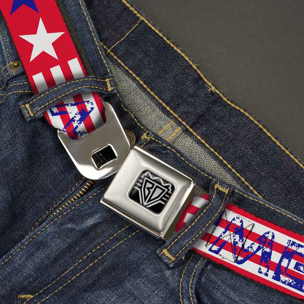 BD Wings Logo CLOSE-UP Full Color Black Silver Seatbelt Belt - 'MERICA Stripes/Stars Red/White/Blue Webbing Seatbelt Belts Buckle-Down