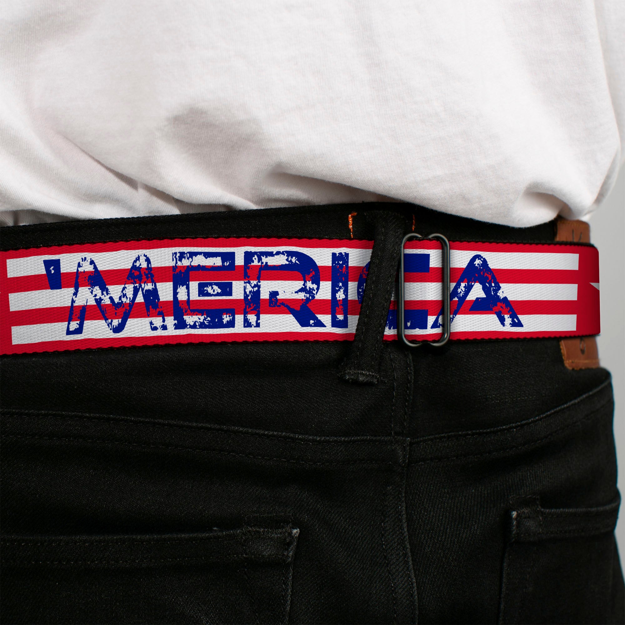 BD Wings Logo CLOSE-UP Full Color Black Silver Seatbelt Belt - 'MERICA Stripes/Stars Red/White/Blue Webbing Seatbelt Belts Buckle-Down