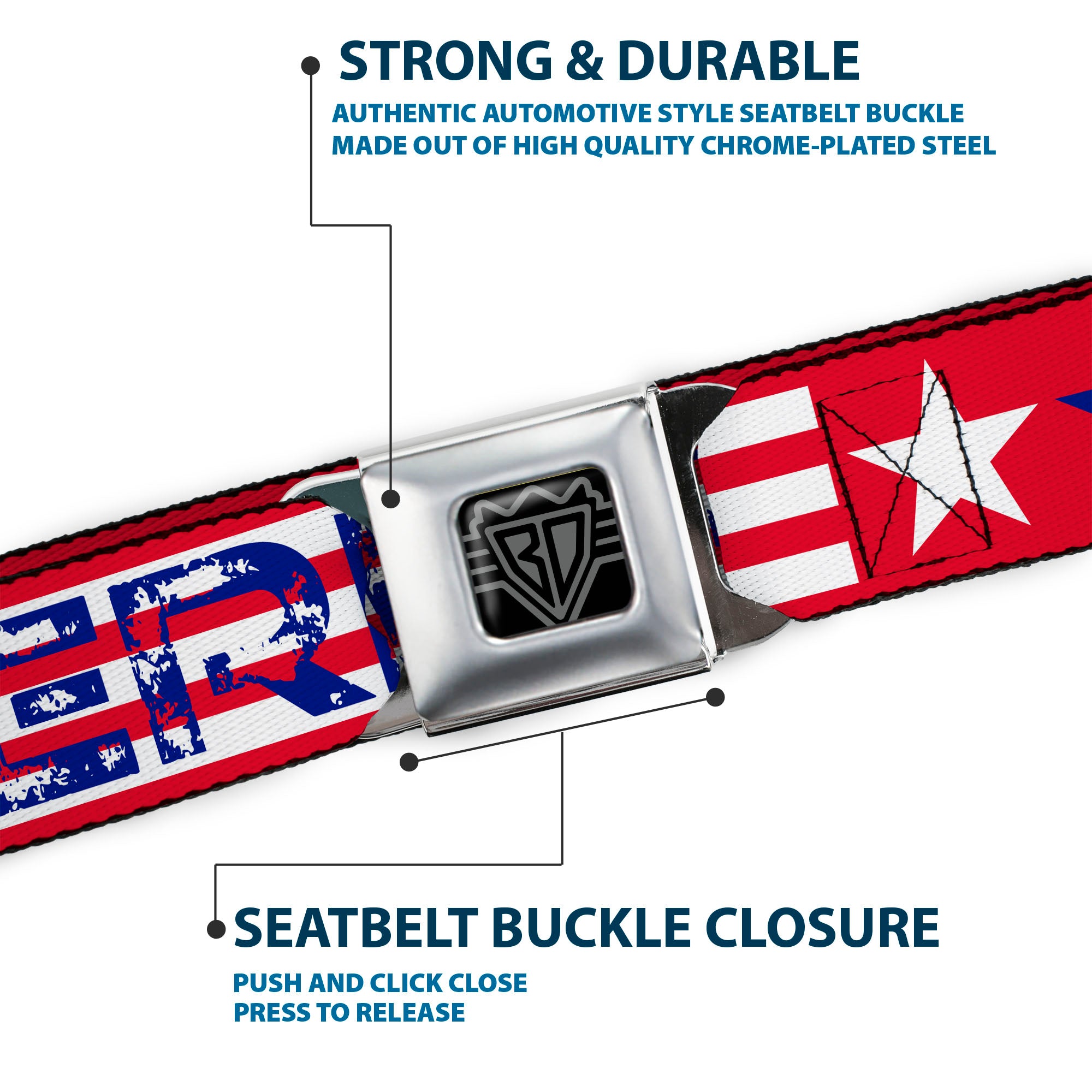 BD Wings Logo CLOSE-UP Full Color Black Silver Seatbelt Belt - 'MERICA Stripes/Stars Red/White/Blue Webbing Seatbelt Belts Buckle-Down