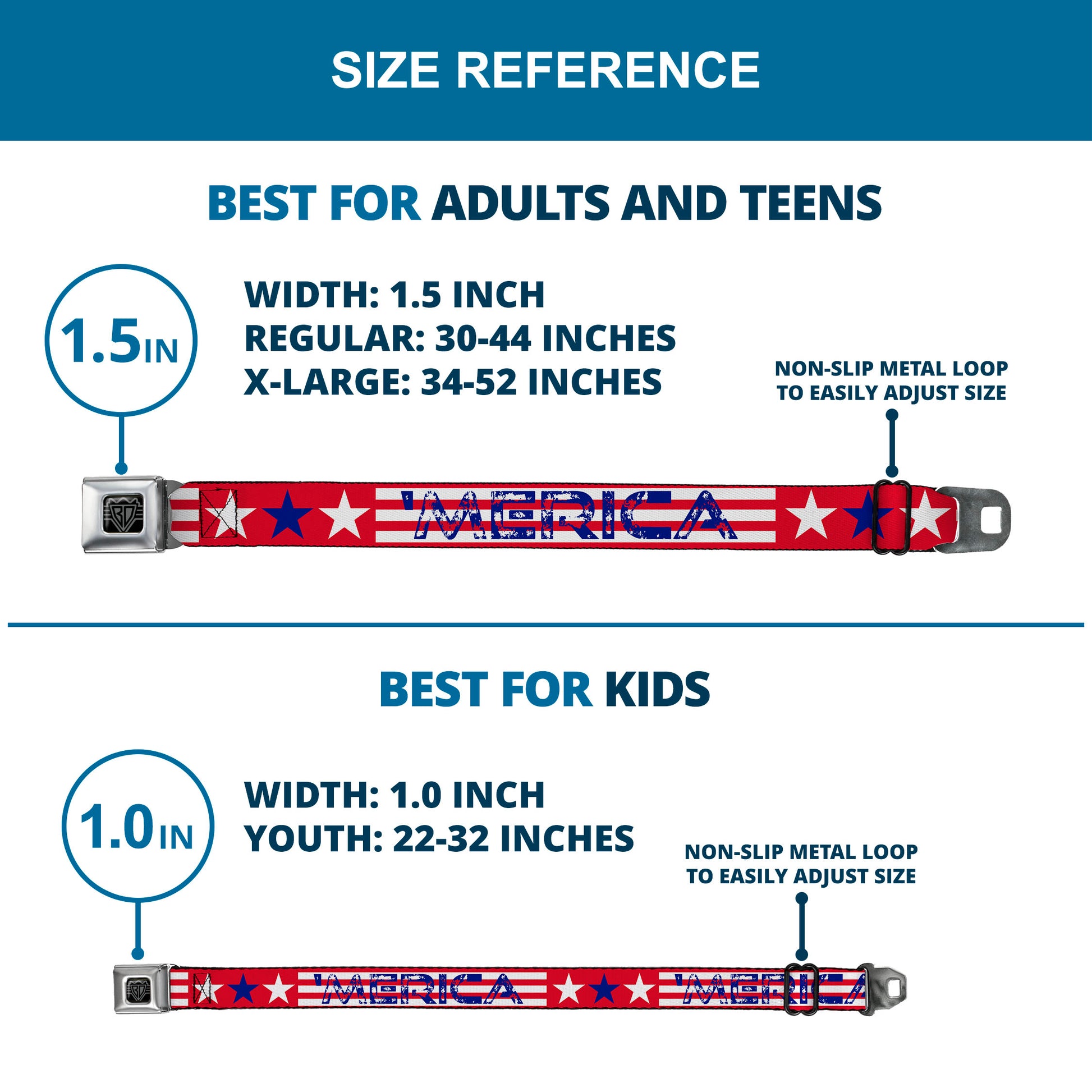 BD Wings Logo CLOSE-UP Full Color Black Silver Seatbelt Belt - 'MERICA Stripes/Stars Red/White/Blue Webbing Seatbelt Belts Buckle-Down